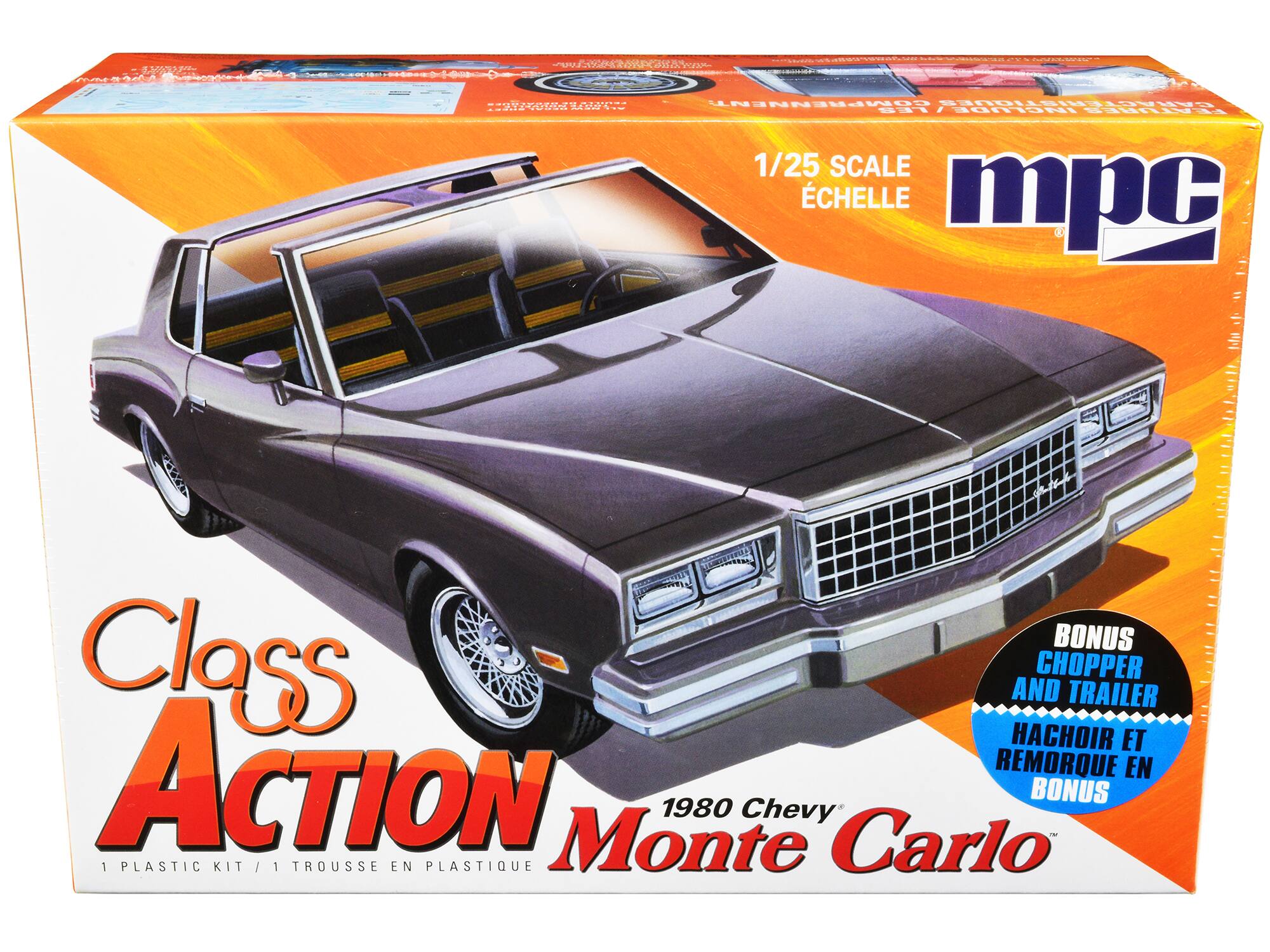 Sure, here is the corrected and grouped text from the image:

---

**Class Action**  
1980 Chevy Monte Carlo

**1/25 Scale**  
Échelle

**1 Plastic Kit / 1 Trousse en Plastique**

**BONUS**  
Chopper and Trailer  
Hachoir et Remorque en Bonus

**MPC**

---

This text is organized to reflect the information on the box, including the model name, scale, kit details, and bonus items.