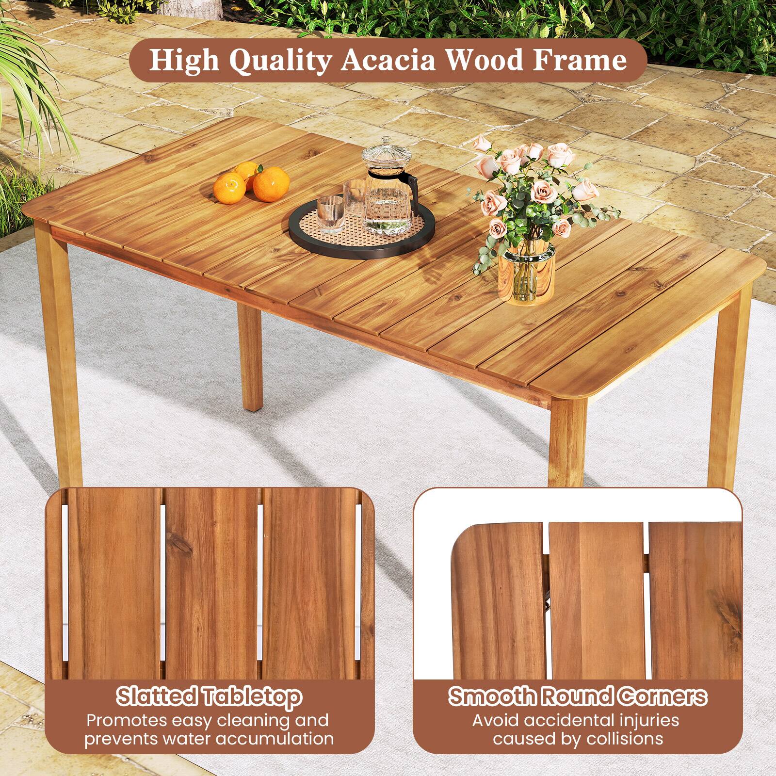 High Quality Acacia Wood Frame

Slatted Tabletop
Promotes easy cleaning and prevents water accumulation

Smooth Round Corners
Avoid accidental injuries caused by collisions
