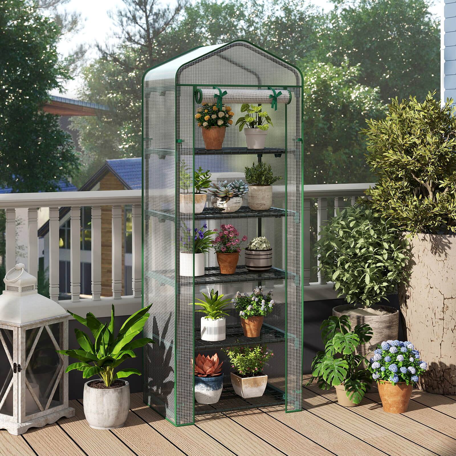 Alt View 4. Costway - Costway 69" x 48" x 75" Mini Greenhouse with 5 Tier Shelves, PE Cover, Roll-Up Zipper Door - White.