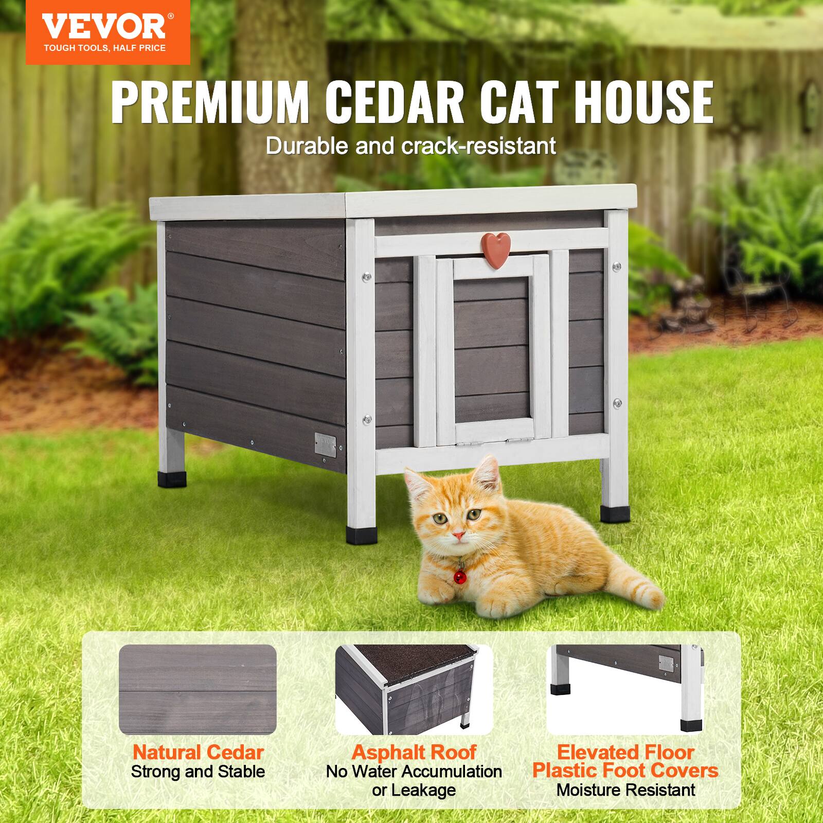 VEVOR TOUGH TOOLS, HALF PRICE PREMIUM CEDAR CAT HOUSE

- Durable and crack-resistant
- Natural Cedar
- Strong and Stable
- Asphalt Roof
- Elevated Floor
- No Water Accumulation
- Plastic Foot Covers
- Moisture Resistant