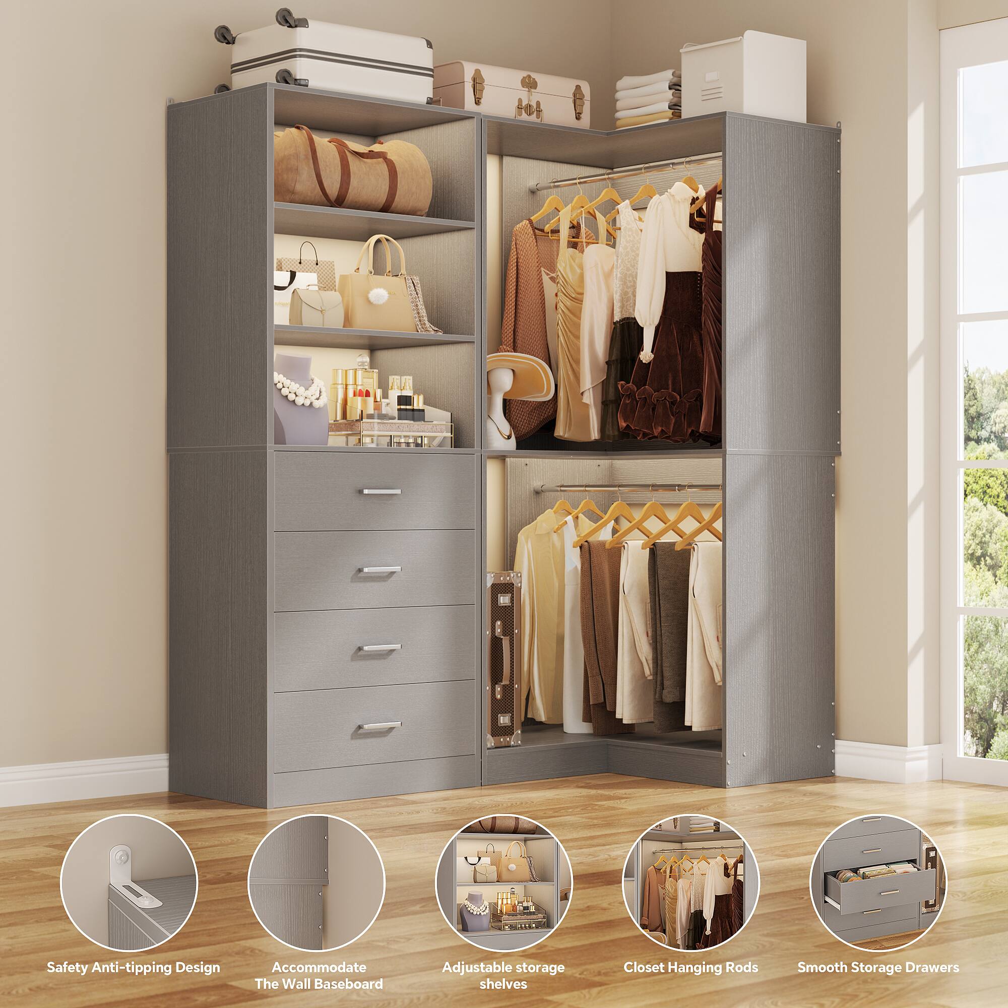 Safety Anti-tipping Design  
Accommodate The Wall Baseboard  
Adjustable storage shelves  
Closet Hanging Rods  
Smooth Storage Drawers