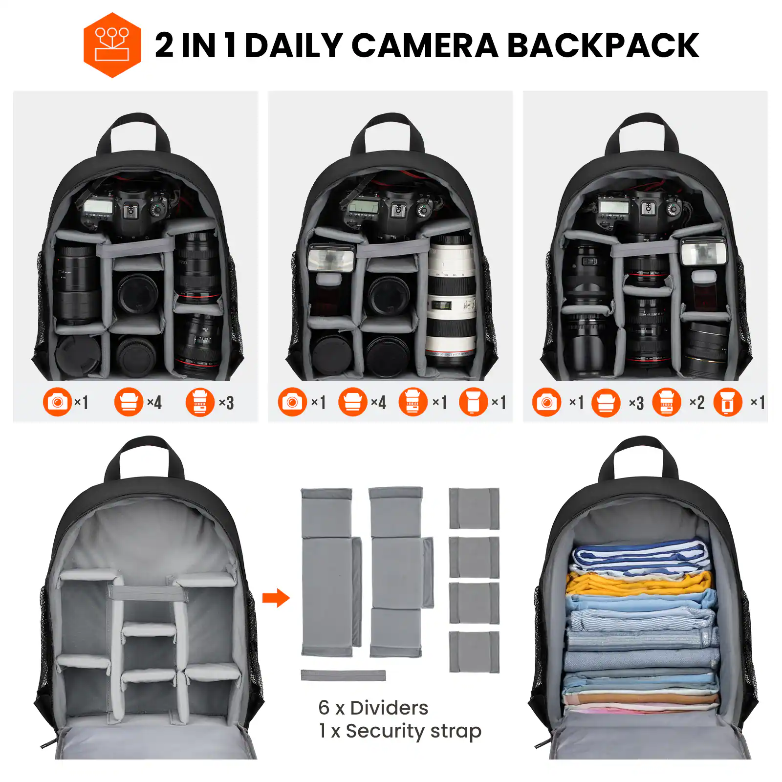 2 IN 1 DAILY CAMERA BACKPACK

- x1 Camera
- x4 Lenses
- x3 Filters
- x1 Camera
- x4 Lenses
- x1 Camera
- x1 Lens
- x3 Filters
- x2 Lenses
- x1 Camera

6 x Dividers
1 x Security strap