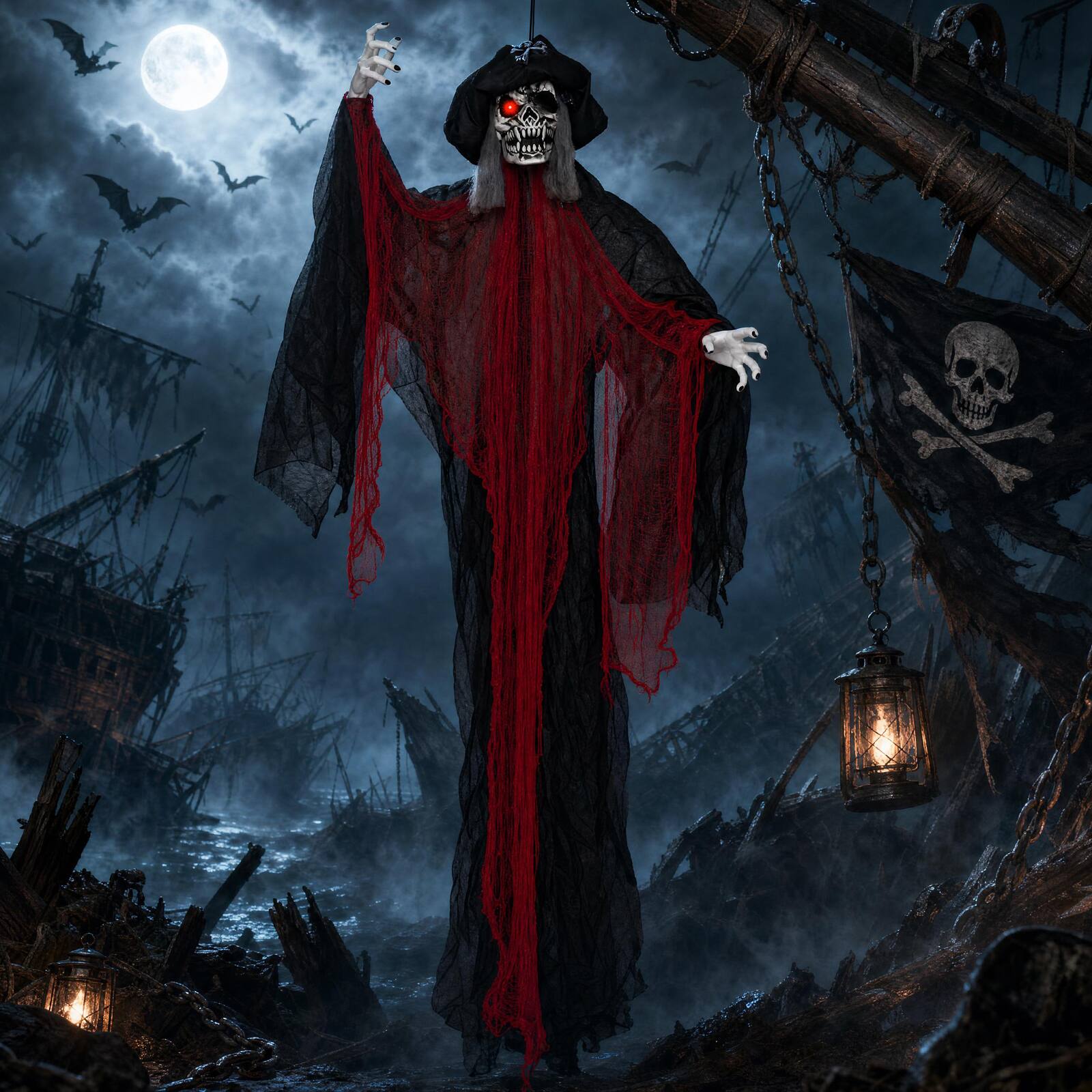 Alt View 3. Costway - Costway 9.4 Ft Skull Captain Animatronics with Glowing Eyes, Creepy Sounds, Sound Control - Multicolored.