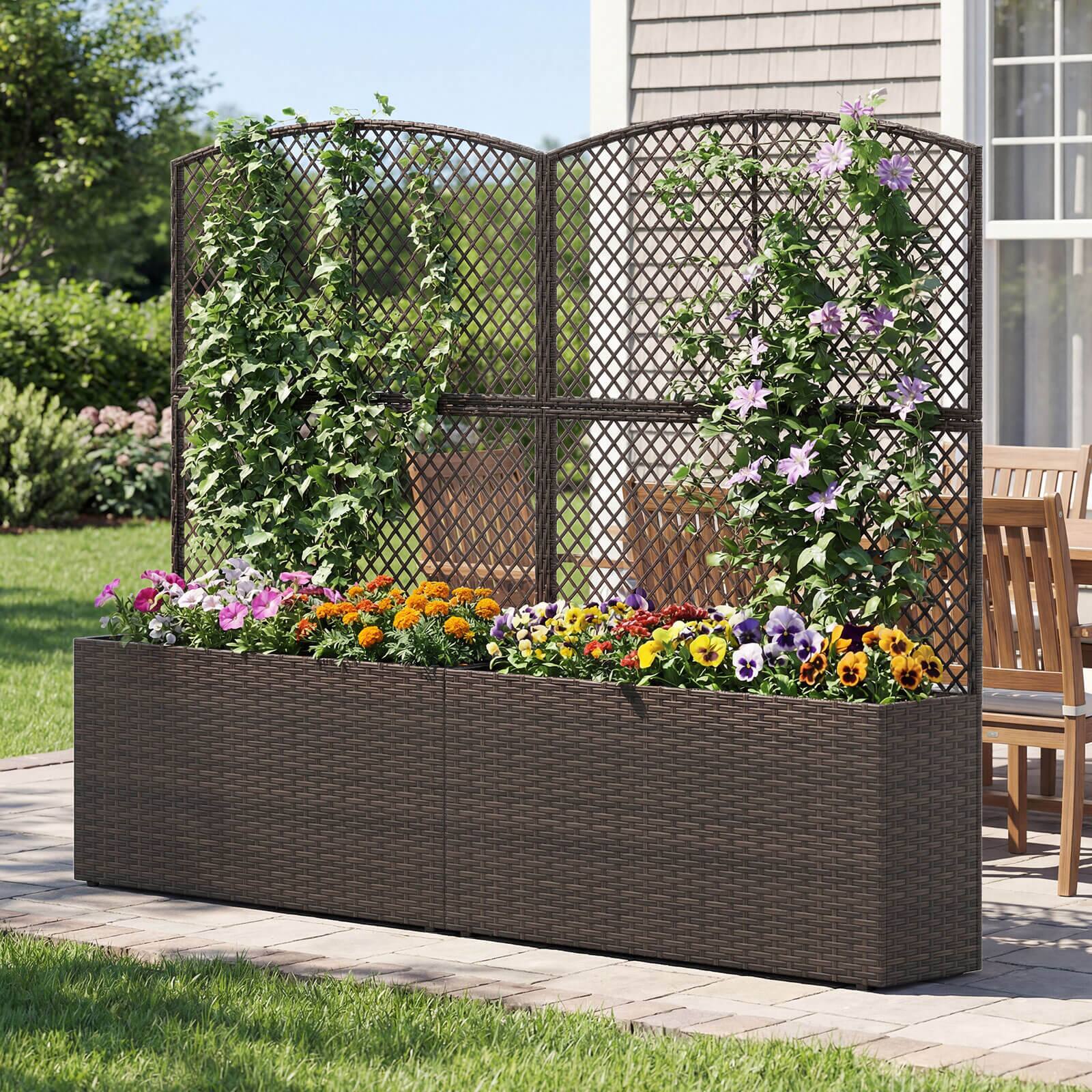 Alt View 3. Costway - Costway 2 PCS 58" Raised Garden Bed with Trellis, Wicker Planter Box with Privacy Screen - Brown.