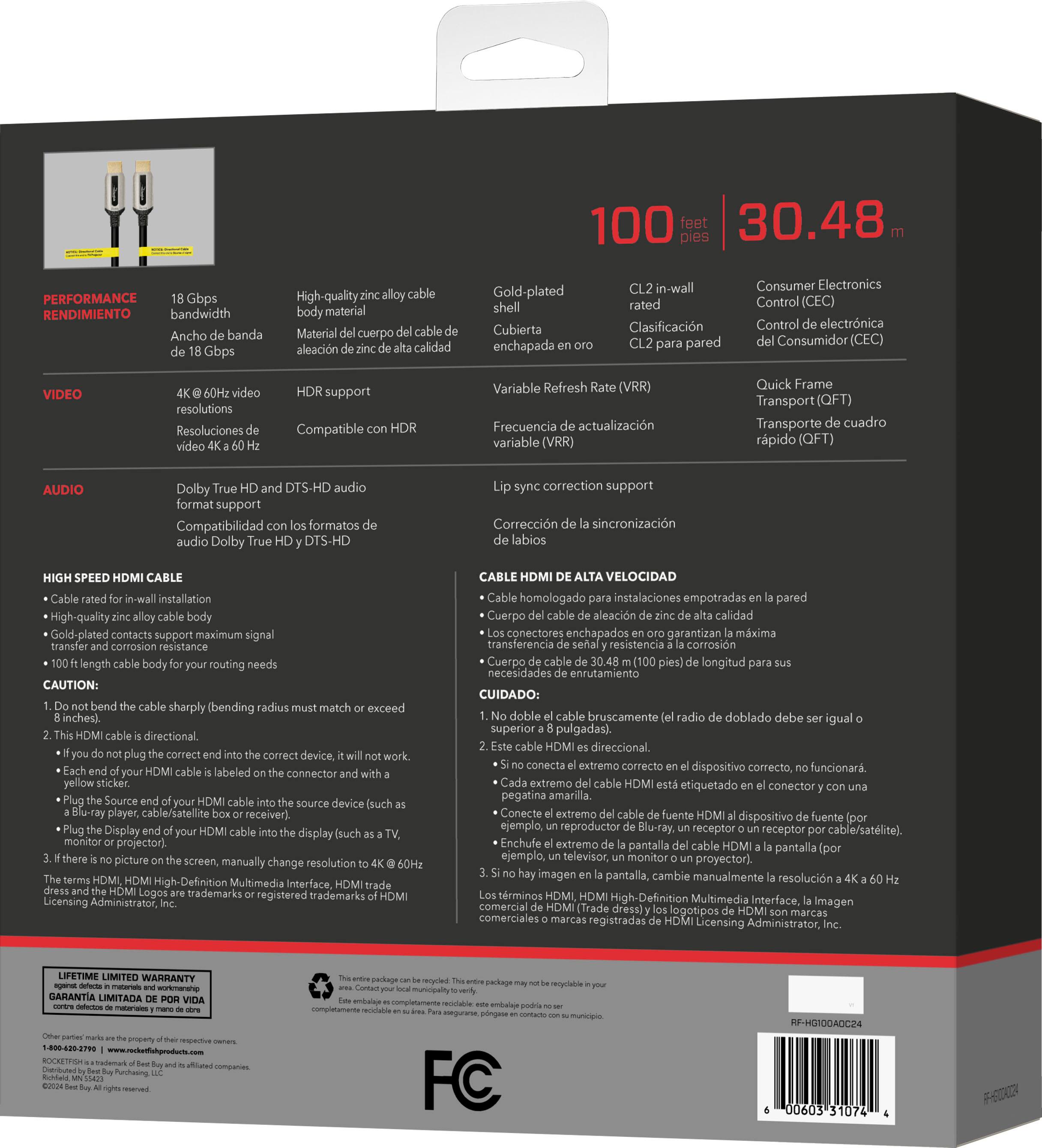 100 feet 30.48 PERFORMANCE Gbps bandwidth High-quality body material Material cuerpo aleacin calidad Gold-plated Cubierta enchapada in-wall rated Clasificacin pared Consumer Electronics Control (CC) Control electrnica Consumidor (CEC) VIDEO resolutions Resoluciones support Compatible Variable Refresh (VRR) Frecuencia actualizacin variable (VRR) Quick Frame Transport (QFT) Transporte cuadro rpido (QFT) AUDIO Dolby DTS-HD audio format support Compatibilidad formatos audio Dolby DTS-HD correction support Correccin sincronizacin labios CABLE installation High-quality Gold-plated contacts support maximum signal transfer corrosion resistance length routing CAUTION: sharply (bending exceed inches) directional. device labeled connector yellow Source device Blu-ray player, cable/satellite receiver) Display display monitor projector) picture screen manually change resolution High-Definition Multimedia Interface crademar