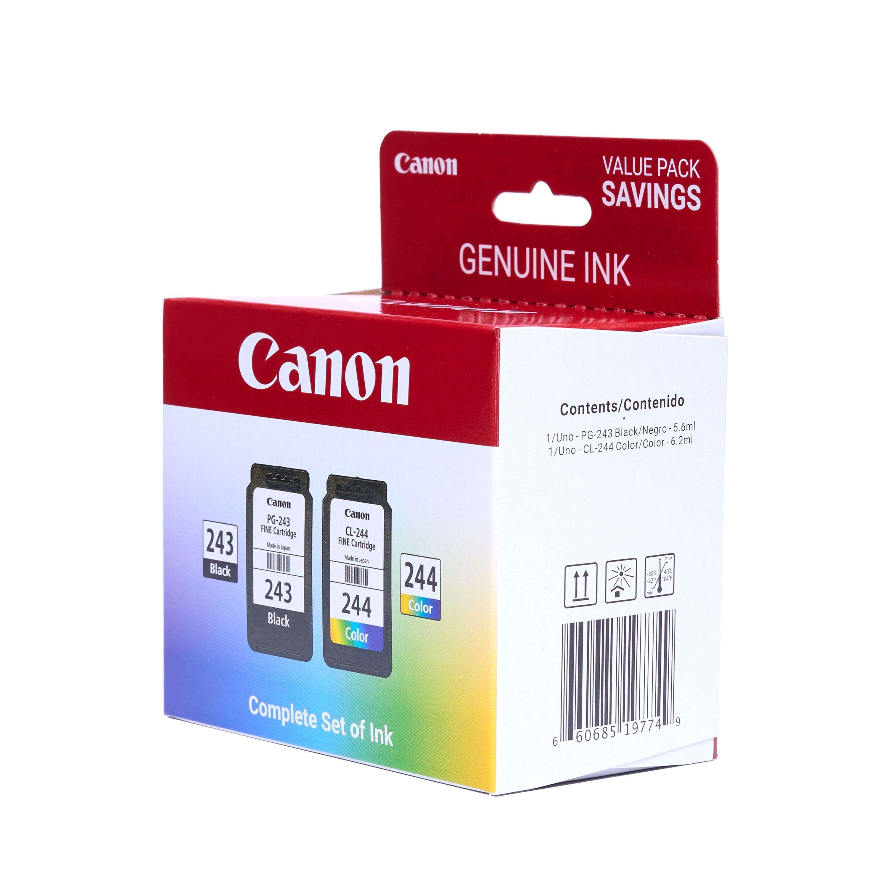 Canon Value Pack Savings Genuine Ink Canon Contents/Contenido Black/Negro 6ml 1/Uno PG-243 2ml . 1/Uno CL-244 Color/Color- 243 Black Canon PG-243 FN Caridge - - 243 Black Canon CL-244 PN Caridaye - - 244 Color 244 Color 11 a ai WV a Complete Set of Ink 19774 g 6 60685