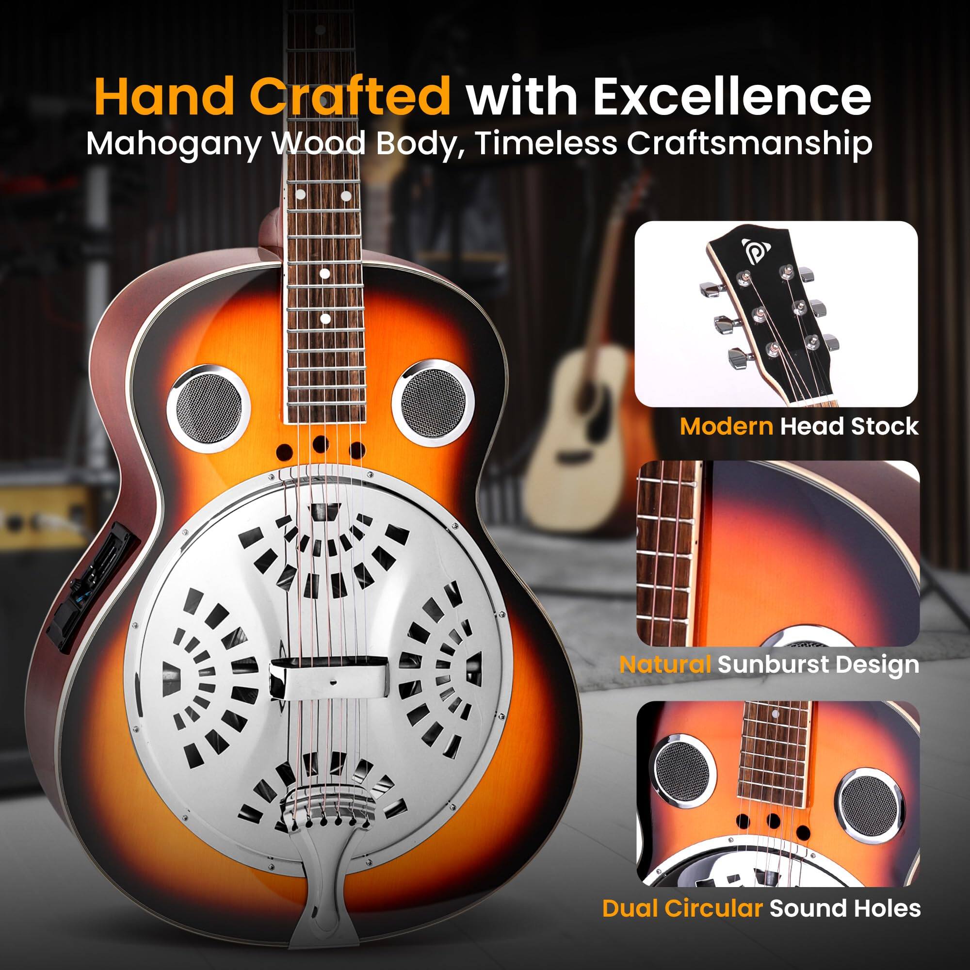 Hand Crafted with Excellence  
Mahogany Wood Body, Timeless Craftsmanship  

Modern Head Stock  
Natural Sunburst Design  
Dual Circular Sound Holes