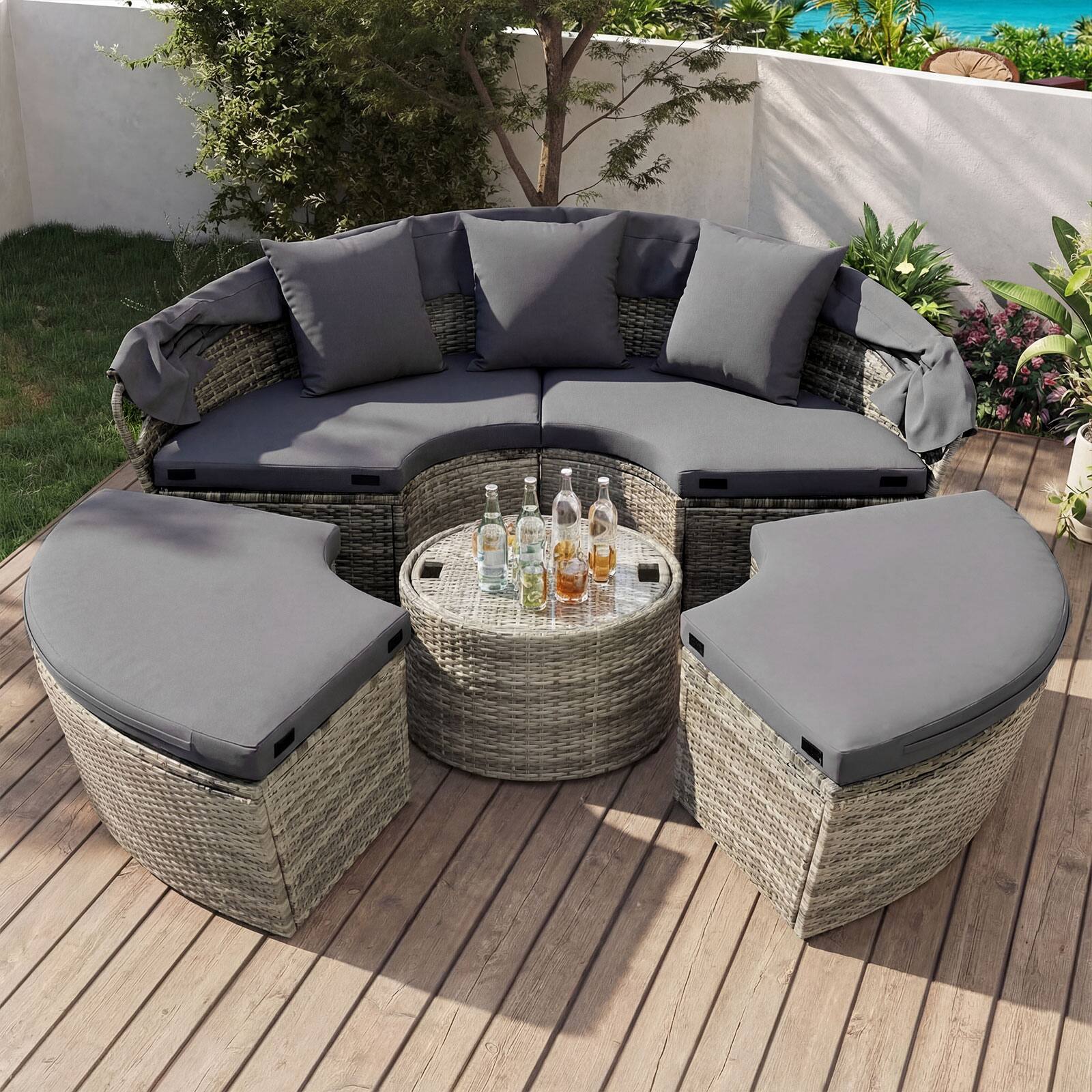 Alt View 3. Costway - Costway Outdoor Round Daybed with Retractable Canopy, Cushions & Throw Pillows for Lawn - Gray.