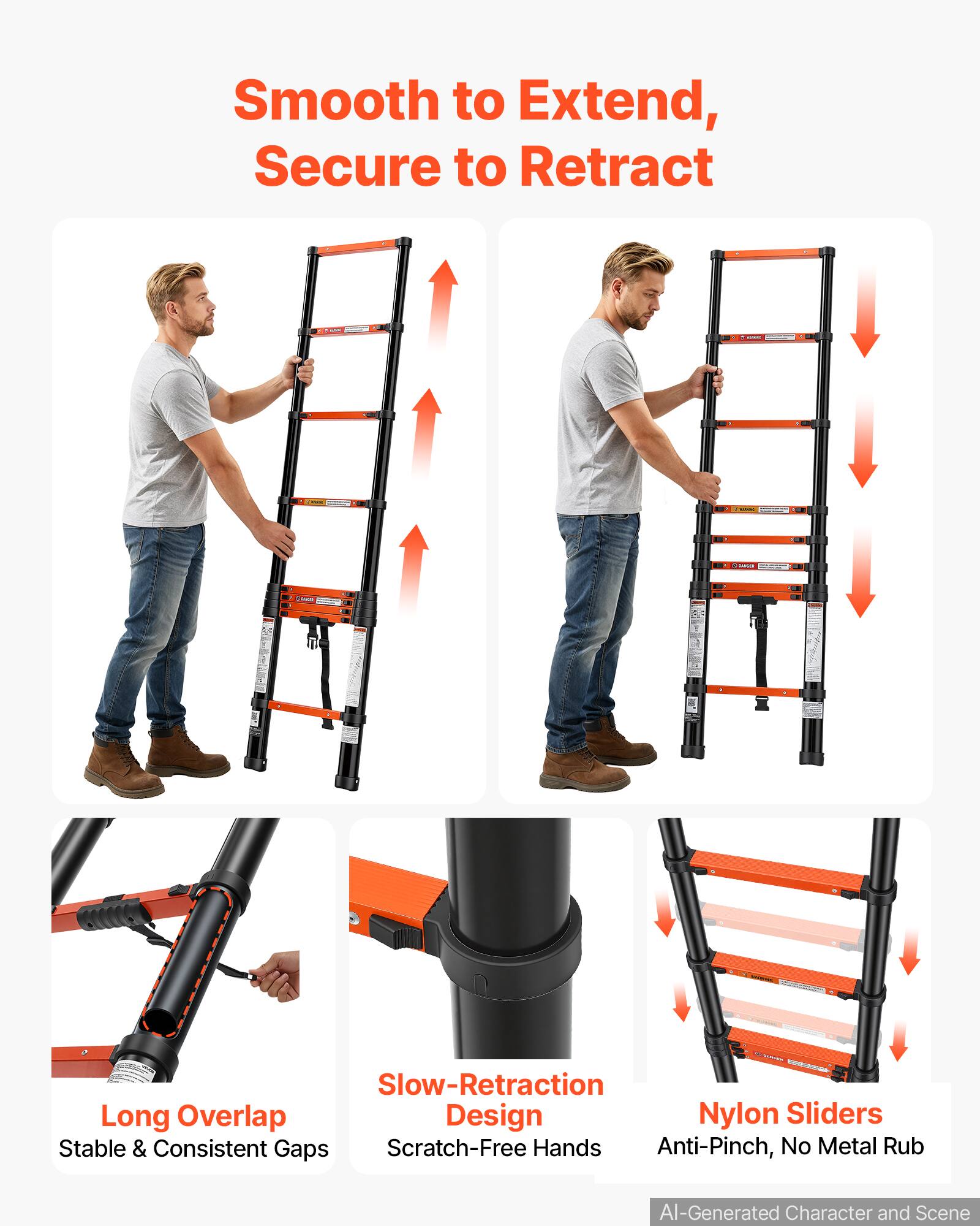 Smooth to Extend, Secure to Retract

- TASSING
- SUNAR

Slow-Retraction Long Overlap Design
Nylon Sliders
Stable & Consistent Gaps
Scratch-Free Hands
Anti-Pinch, No Metal Rub

AI-Generated Character and Scene