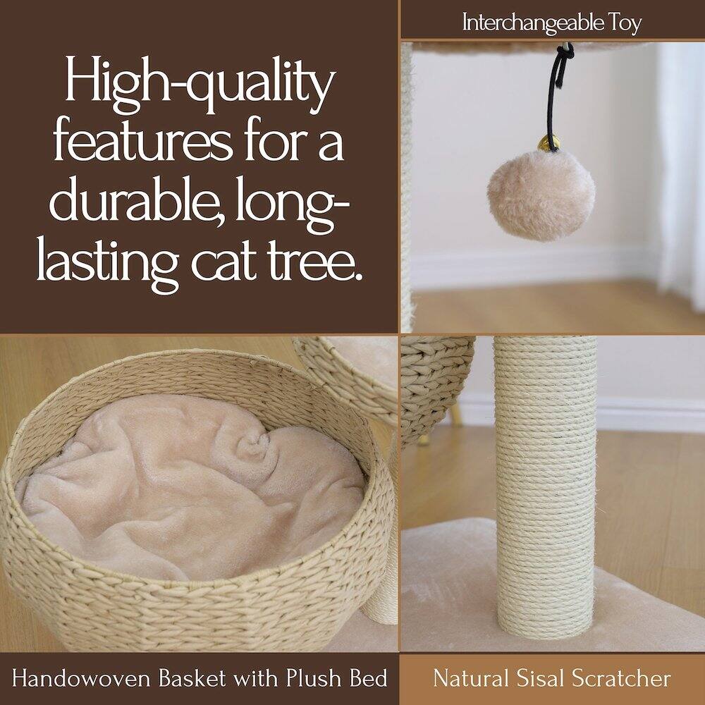 High-quality features for a durable, long-lasting cat tree.

Interchangeable Toy

Handwoven Basket with Plush Bed

Natural Sisal Scratcher