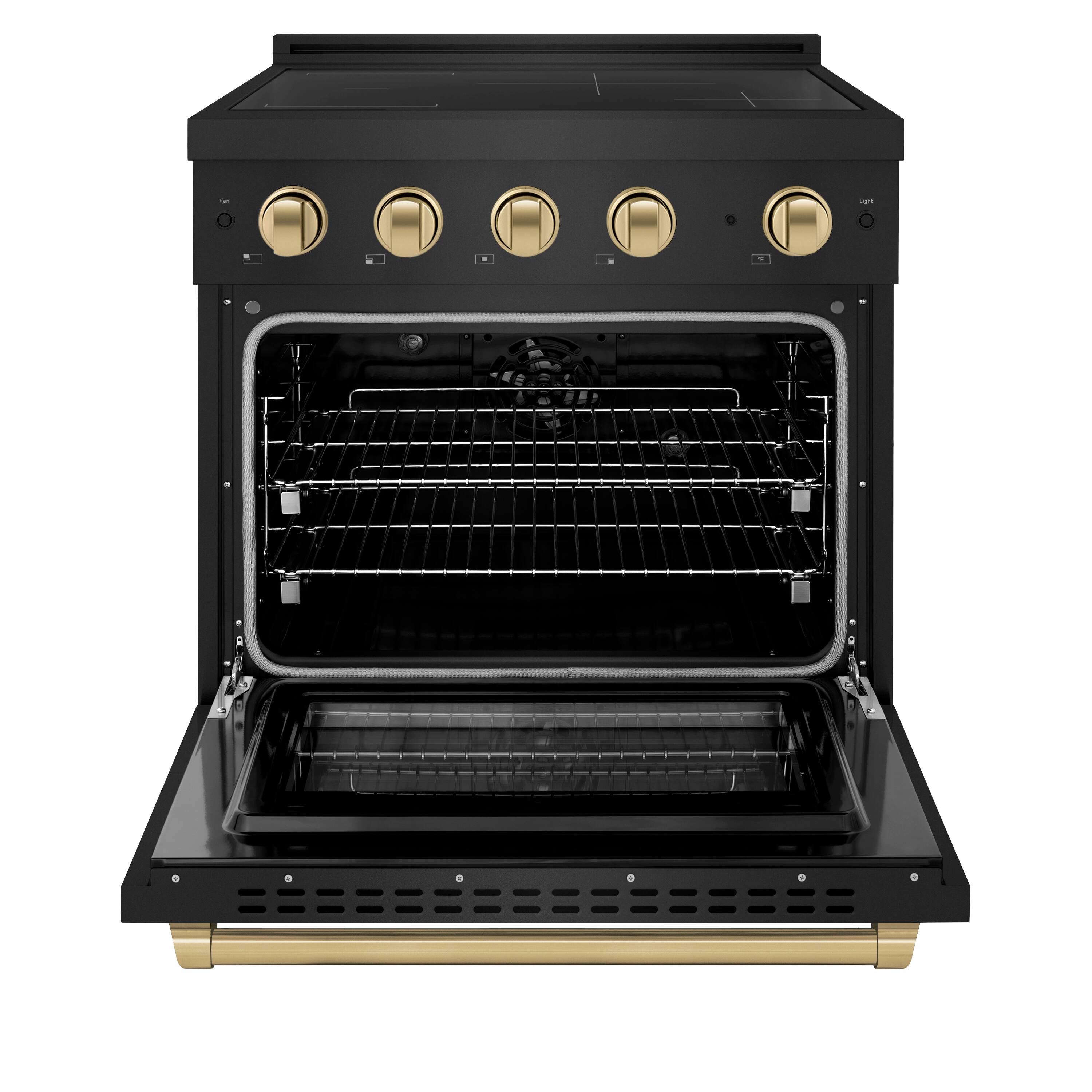 Angle. ZLINE - Autograph 30 in. 4.2 cu. ft. Paramount Freestanding Induction Range with 4 Burners in Black Steel with Bronze Accents - Black Stainless Steel.