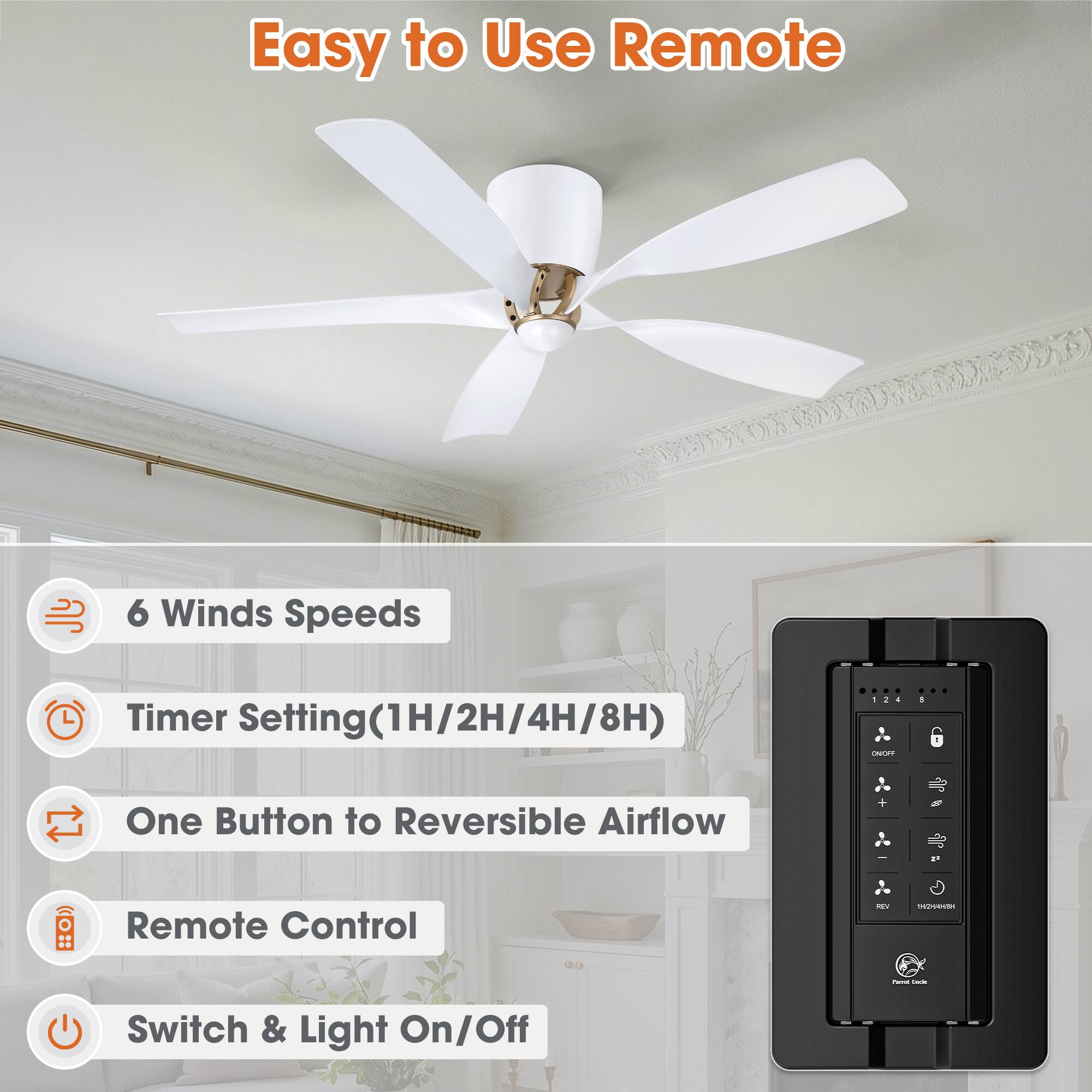 Easy to Use Remote

6 Winds Speeds

Timer Setting(1H/2H/4H/8H)

One Button to Reversible Airflow

Remote Control

Switch & Light On/Off