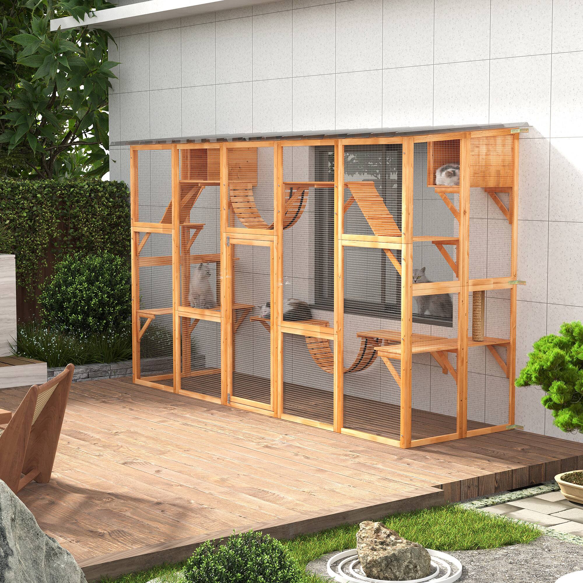 Angle. Pawhut - Catio Outdoor Window Enclosure, for Multiple Kitties, Wooden Frame, Shelves & Bridges, 118"x37.5"x74".