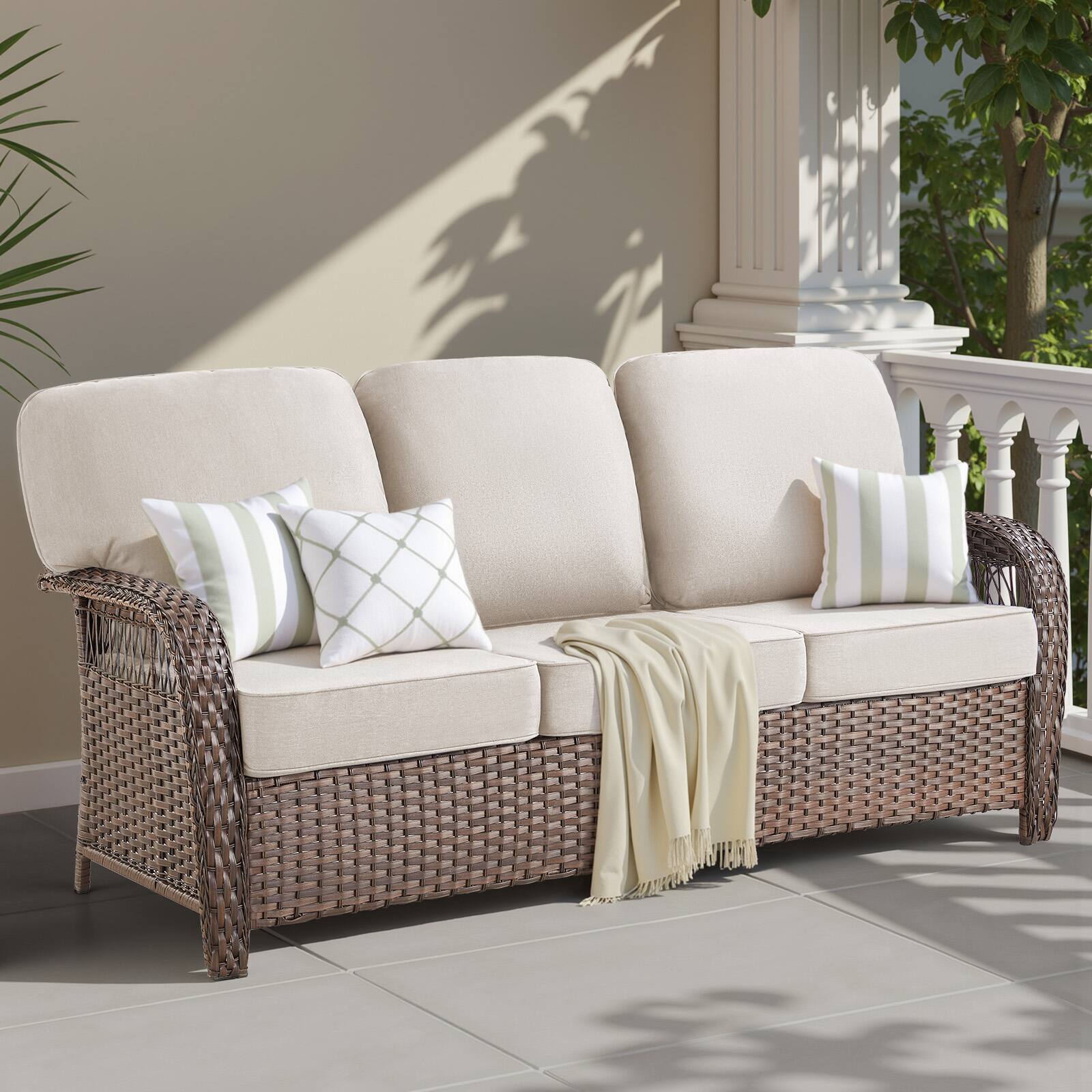 Angle. Mondawe - 75.2" Outdoor Brown Wicker Patio Sofa with T Shape-Back Cushions - Beige+Brown.