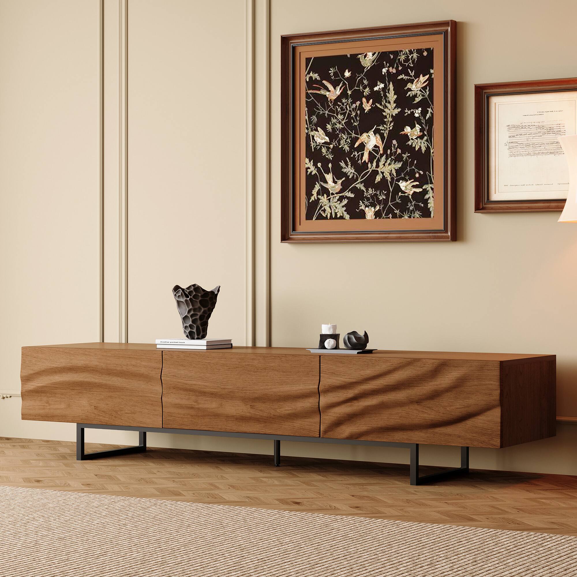 Angle. luck idea - 82.83" TV Stand with Metal Legs, 3 Drawers & Vent Holes, Wide Media Console for Living Room - Walnut Color.