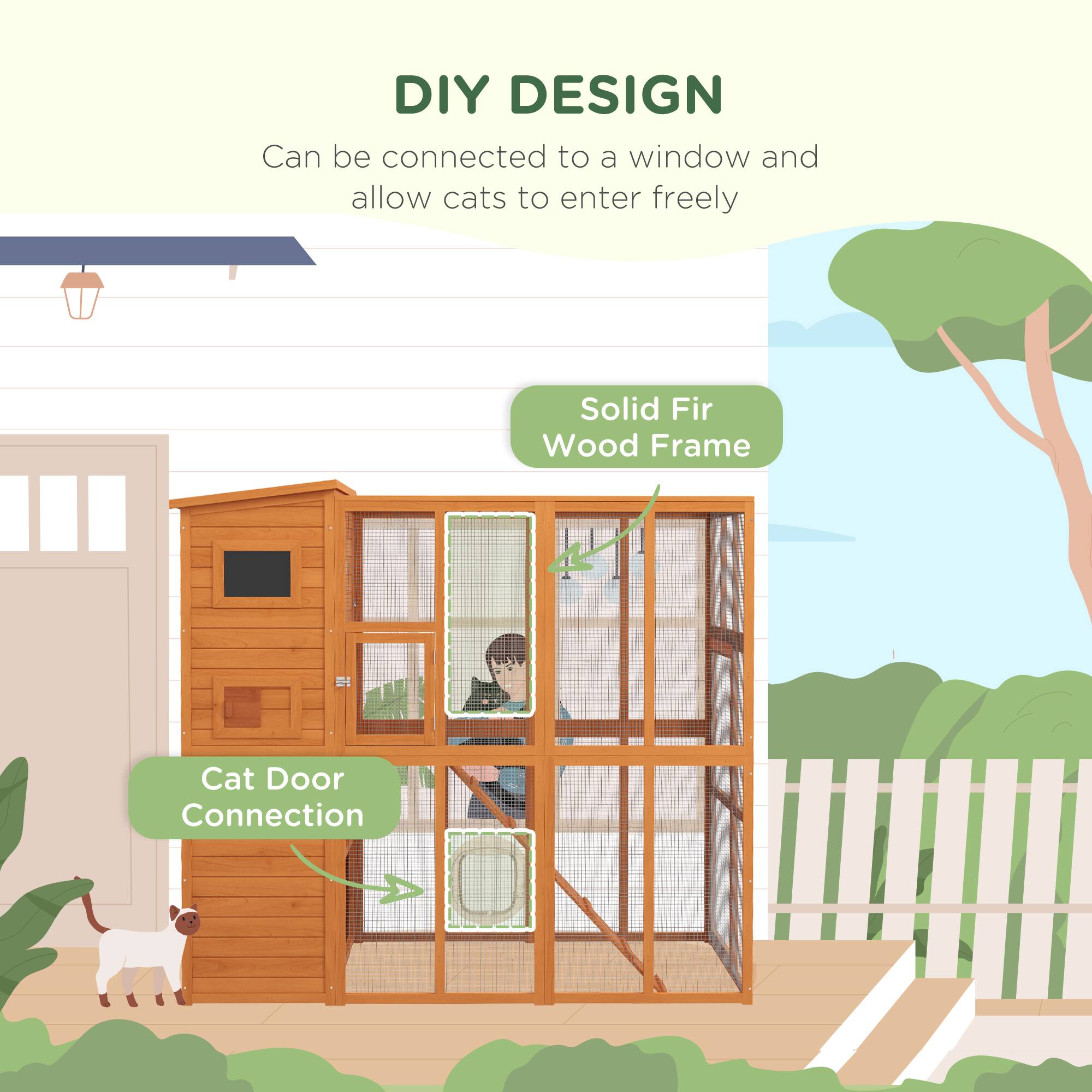 DIY DESIGN  
Can be connected to a window and allow cats to enter freely  

Solid Fir Wood Frame  

Cat Door Connection