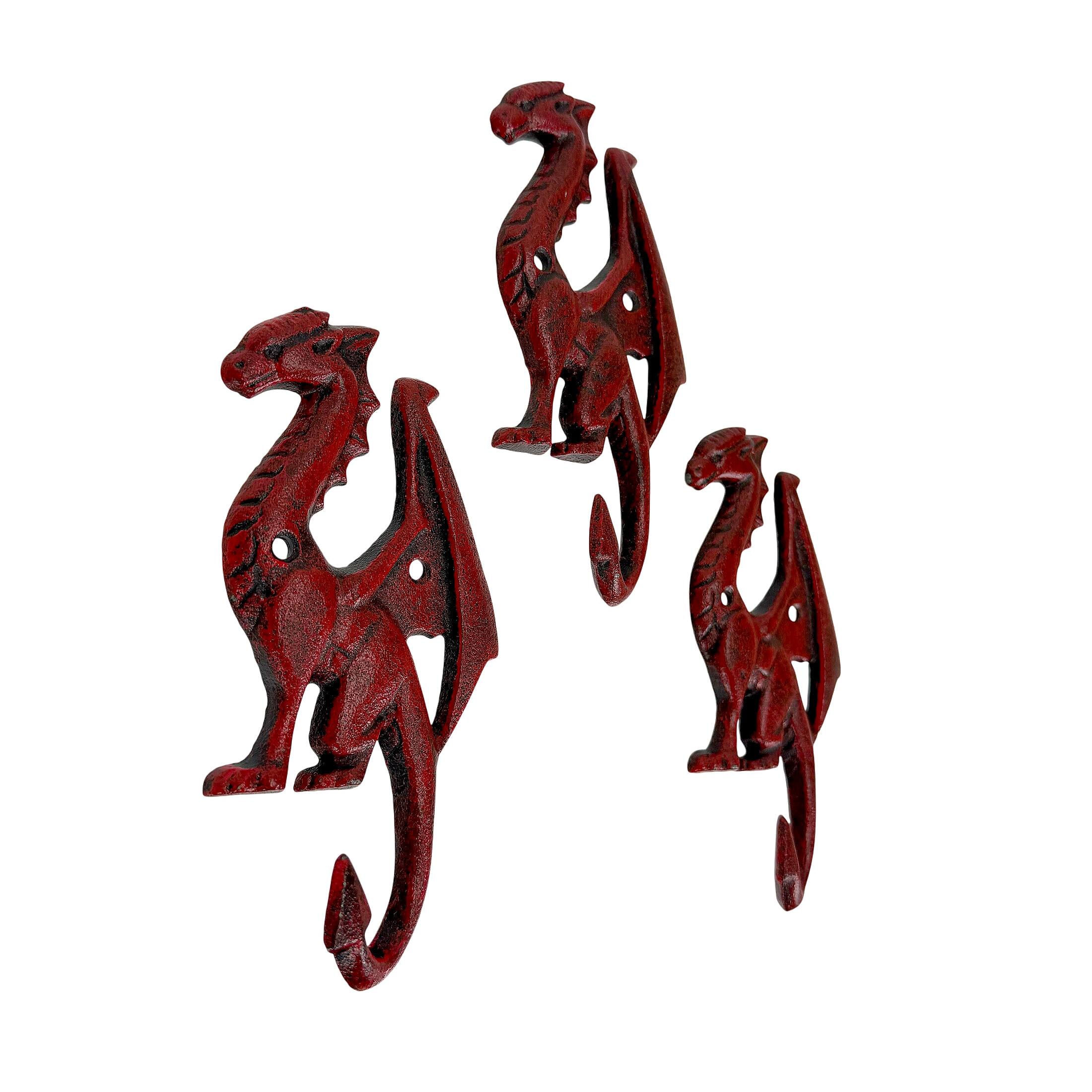 Alt View 1. Things2Die4 - Set of 3 Dragon Wall Hooks Red Distressed Cast Iron 6.5 in Decorative - Red.