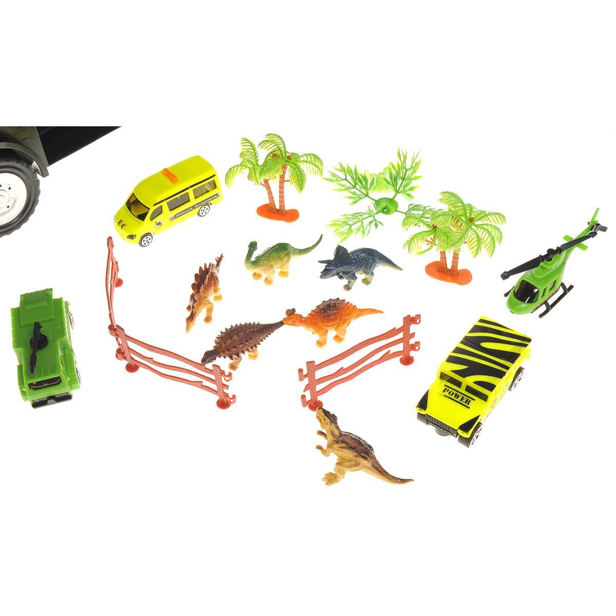 Left. JuzToys - 22" Transport Dinosaurs Car Carrier Truck, Toy Includes Dinosaur Toys, Cars and Helicopter - Multi.