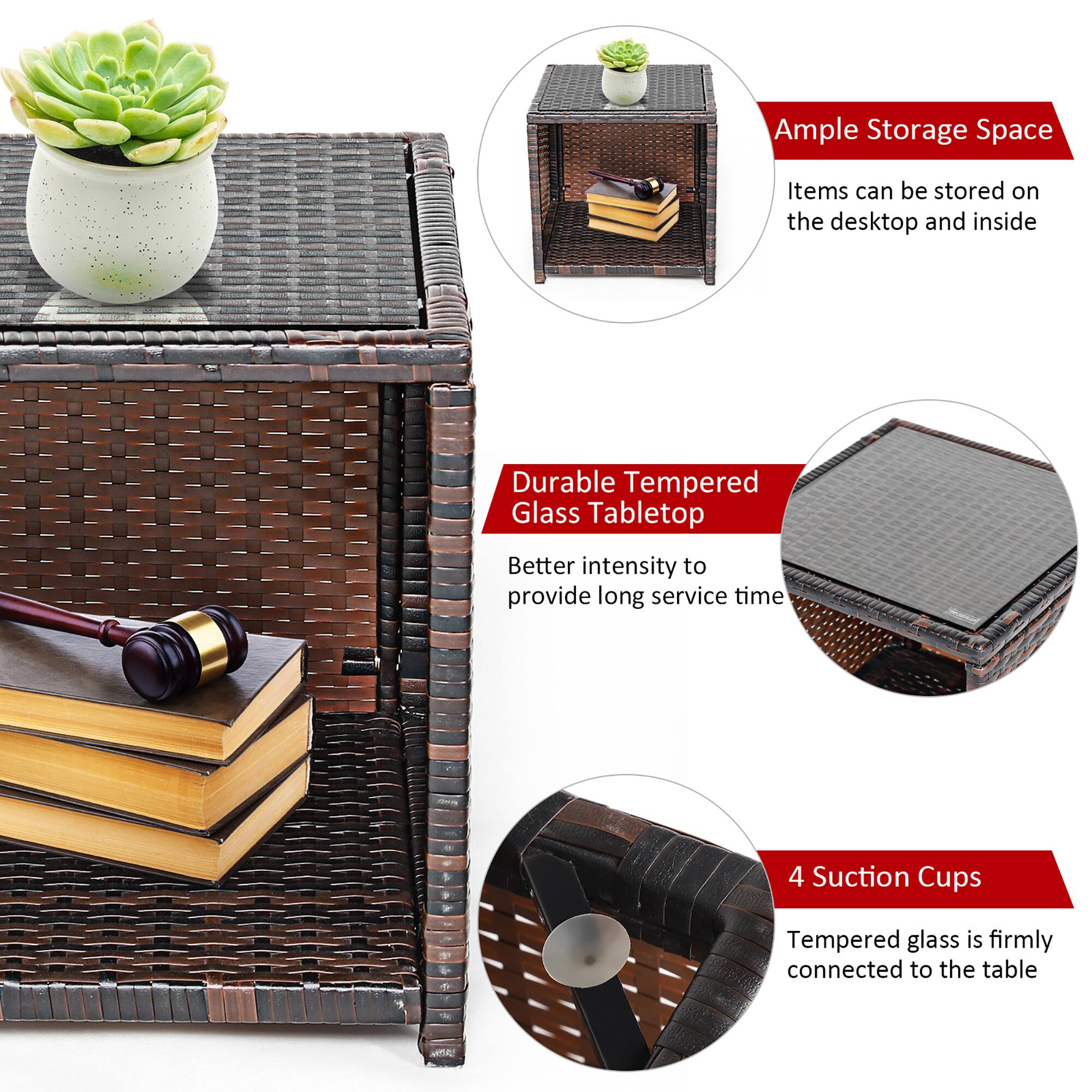 The image features a wicker basket with a glass tabletop and a potted plant on top. The basket is described as having ample storage space, with items that can be stored on the desktop and inside the basket. The tabletop is made of durable tempered glass, providing better intensity to provide long service time. Additionally, the basket has four suction cups, ensuring that the tabletop is firmly connected to the table.