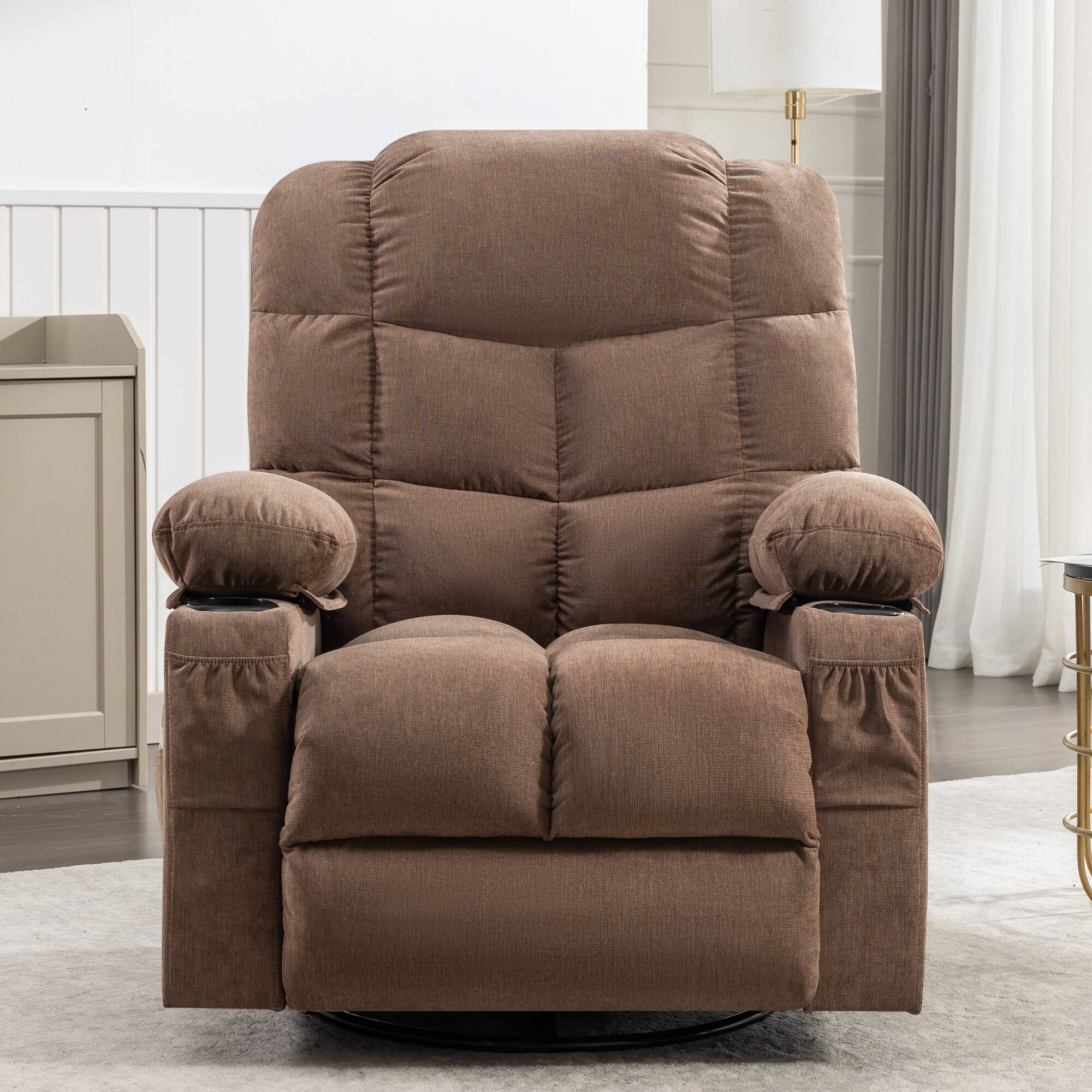 Angle. TinyHomie - Massage Rocker Recliner Chair Rocking Chairs with 2 Cup Holders USB Charge Port Soft Features a Manual Massage and Heat - Brown.