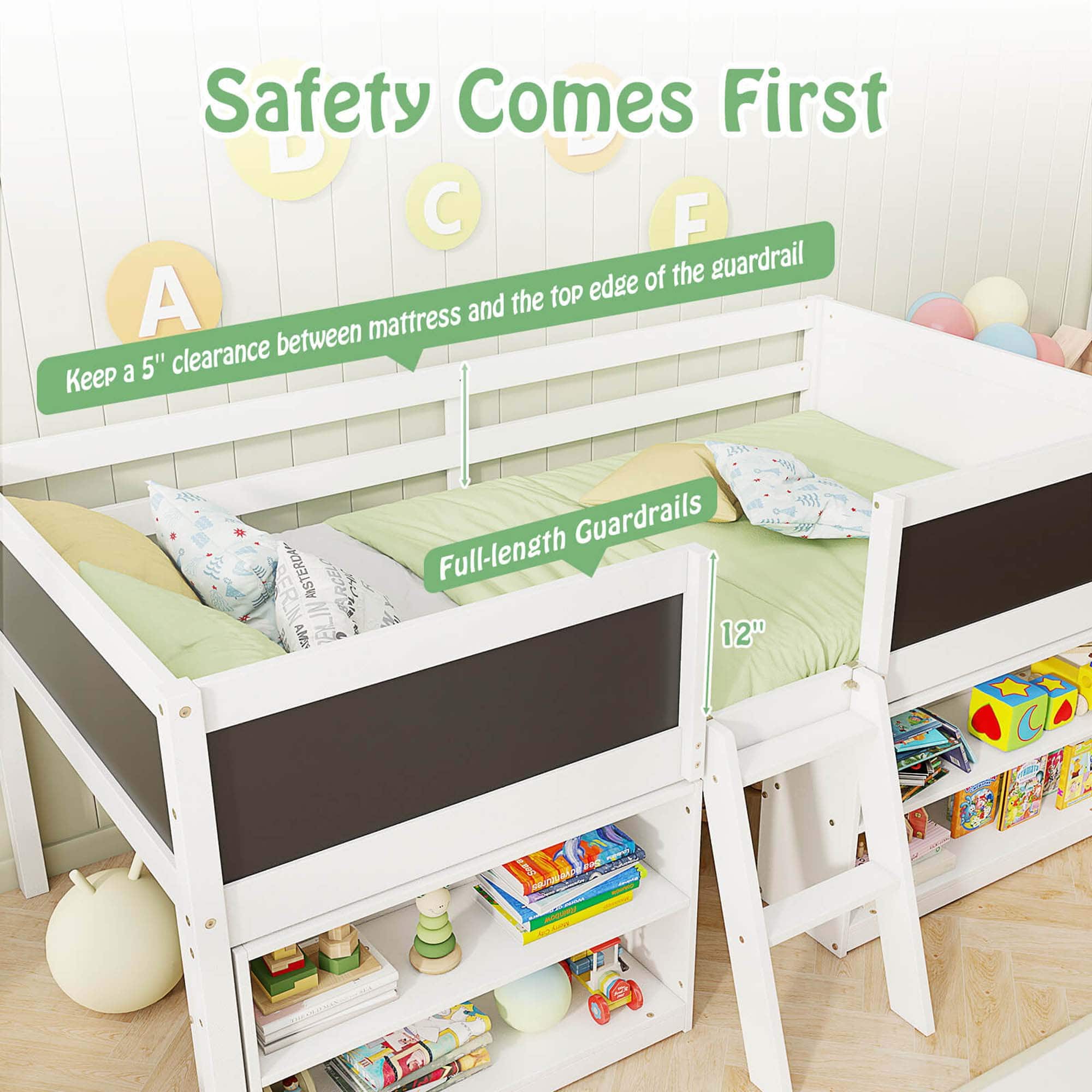 Safety Comes First D C F of the guardrail A the top edge mattress and clearance between Keep a 5" E AISTERDA A AM I Guardrails Full-length 12"