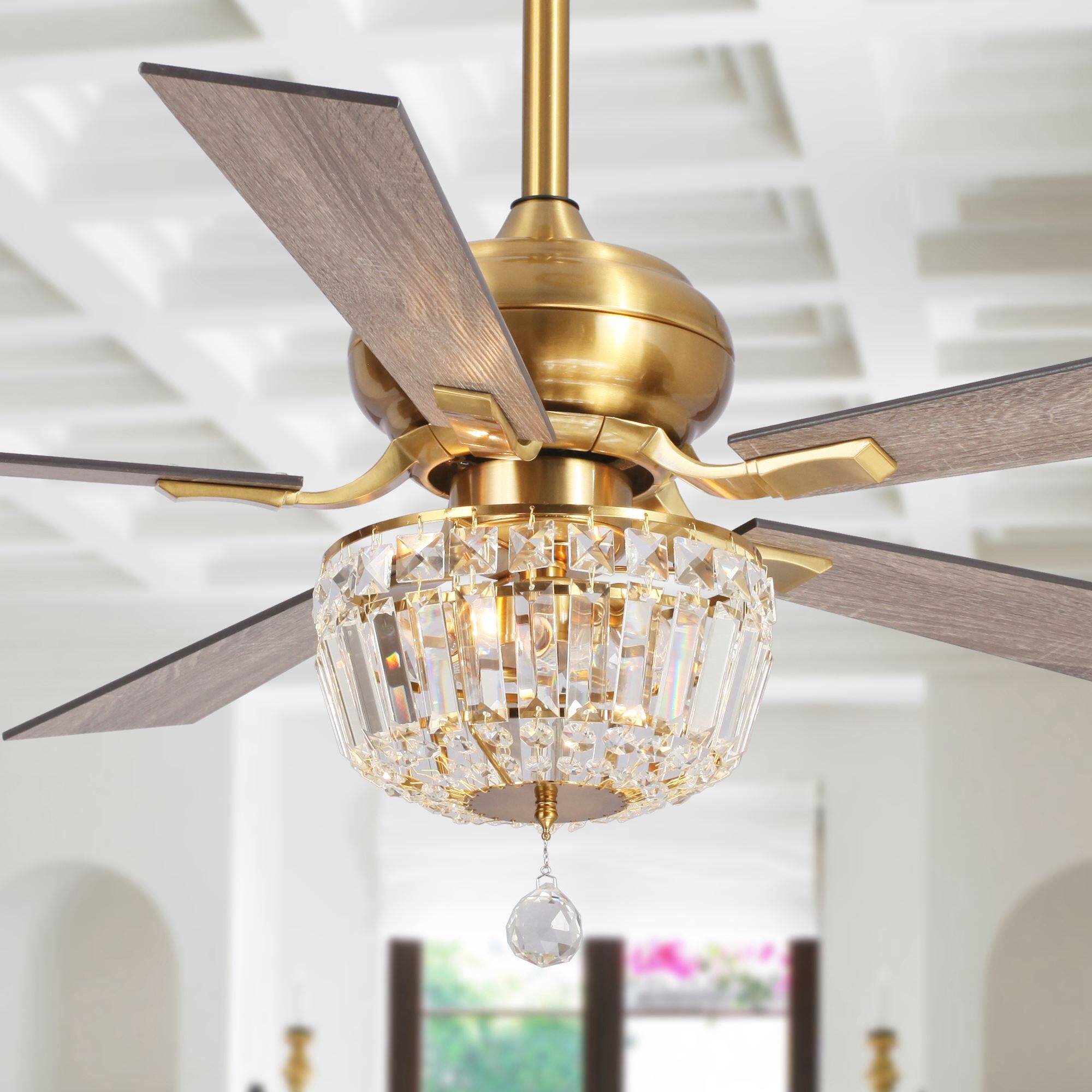 Back. Parrot Uncle - 52" Ganga Modern Downrod Mount Reversible Crystal Ceiling Fan with Lighting and Remote Control - Gold.