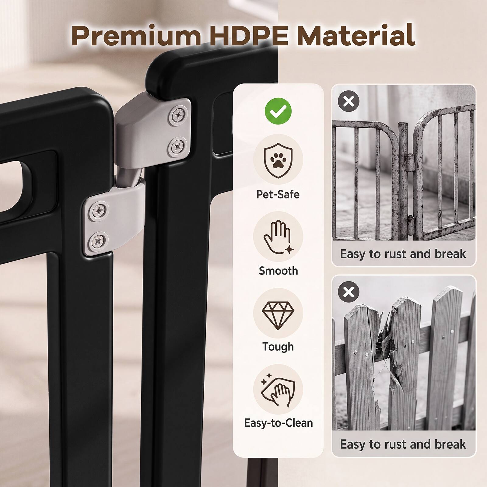 Premium HDPE Material

- Pet-Safe
- Smooth
- Tough
- Easy-to-Clean

X
Easy to rust and break