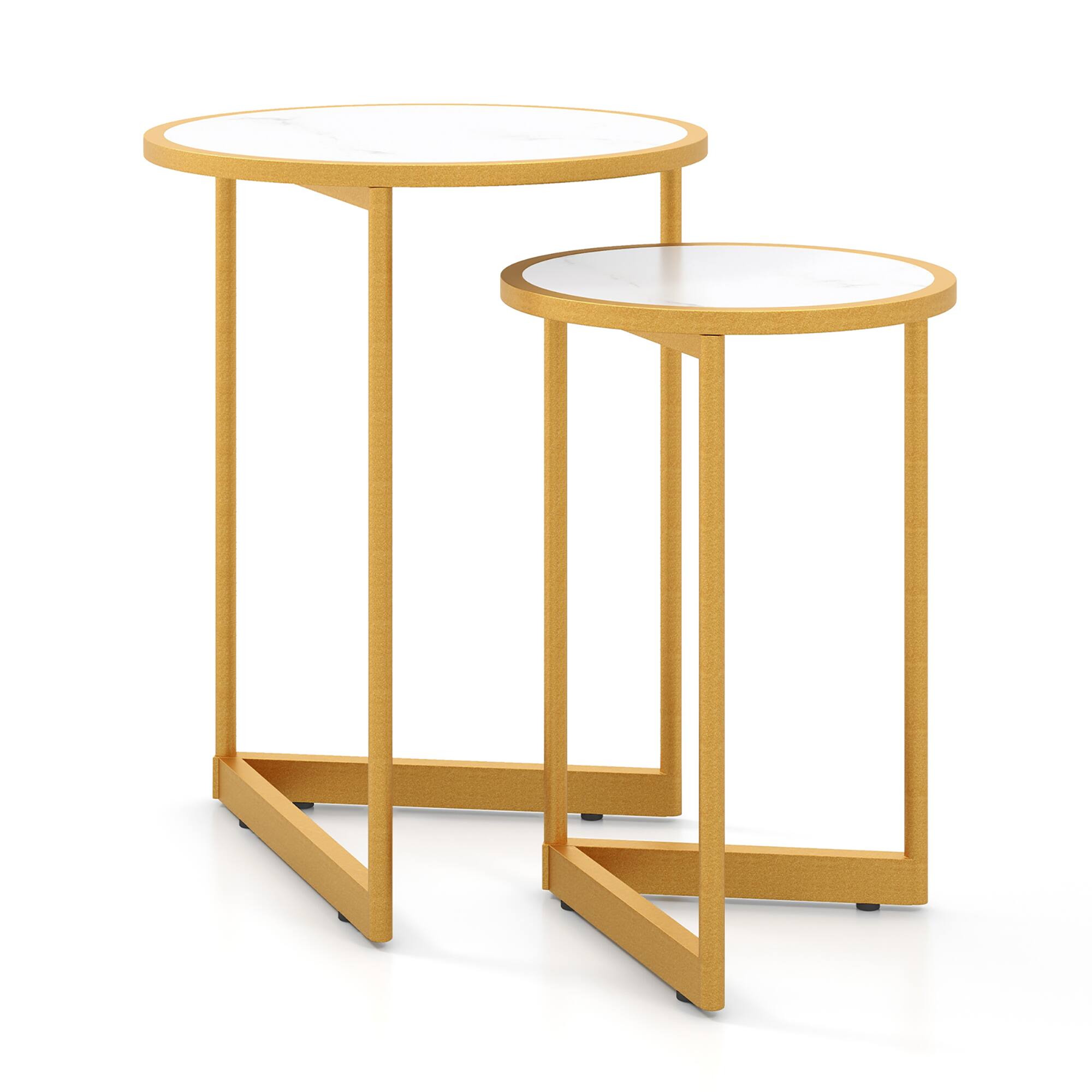 Alt View 9. Gymax - Gymax Round Nesting Side Table Set of 2 Stacking Coffee Tables w/ Faux Marble Tabletop - White + Gold.