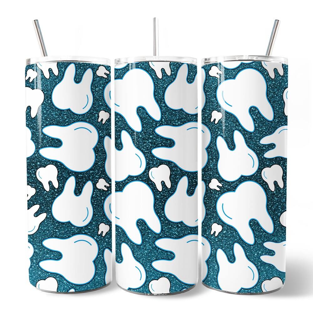 Front. OrnamentallyYou - Sparkly Blue Tooth Pattern 20oz Tumbler With Lid and Stainless Steel Straw - Multicolored.