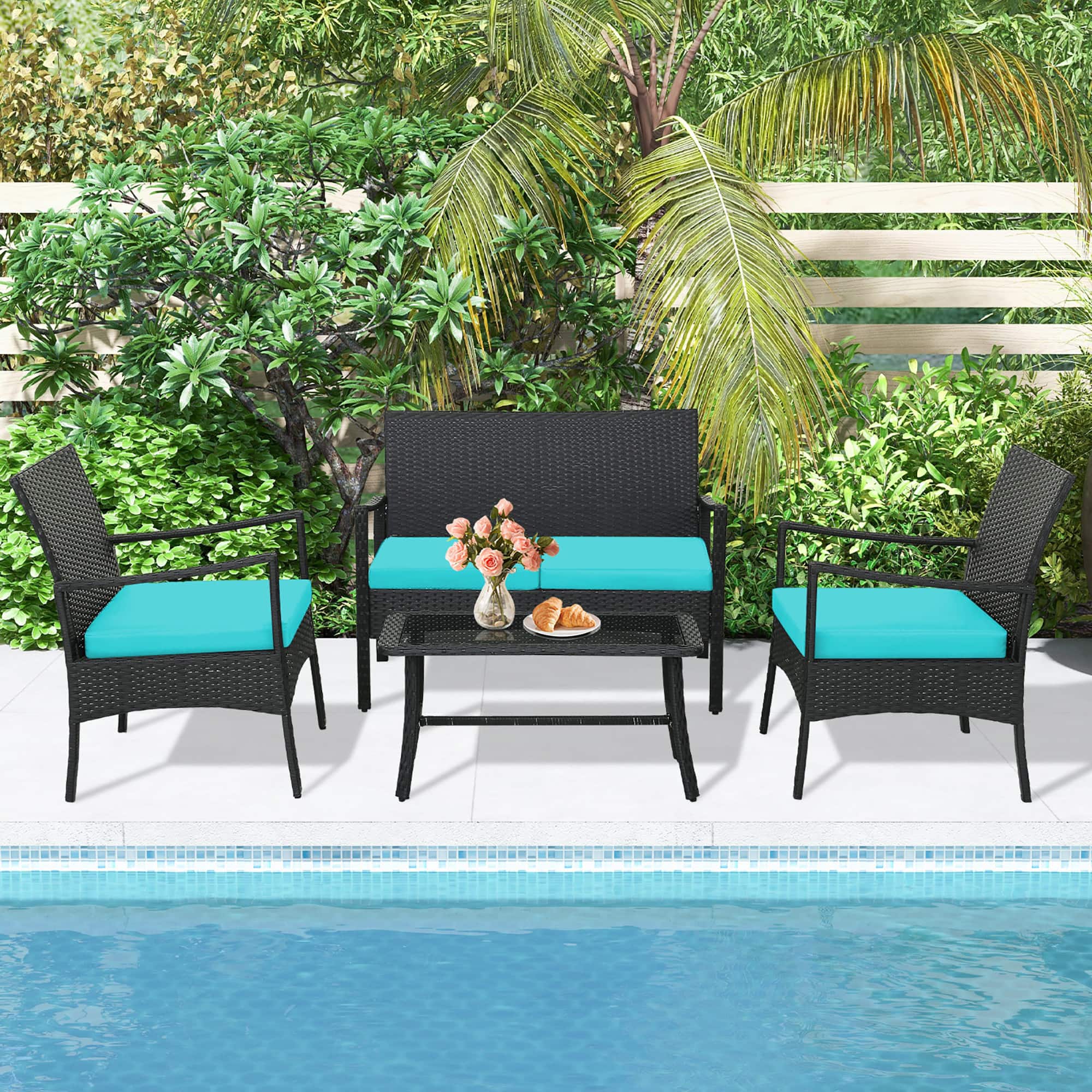 Gymax - 4PCS Patio Rattan PE Wicker Furniture Conversation Set w/ Sofa Chair & Table - Turquoise price history on PriceWatchPro