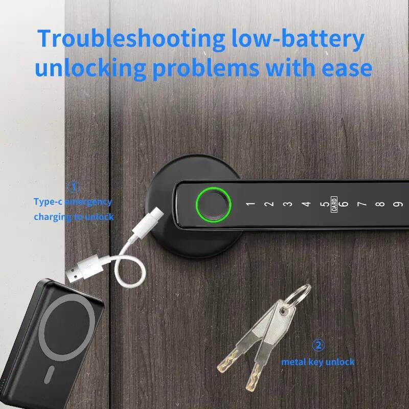 Troubleshooting low-battery unlocking problems with ease

1. Type-C emergency charging to unlock
2. Metal key unlock