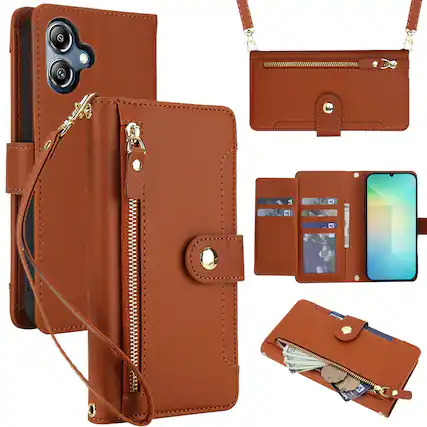 Front. Dteck - Zipper Wallet Case for Samsung Galaxy A07,Detachable Crossbody Flip Faux Leather Card Slots Kickstand Cover+Lanyard - Brown.