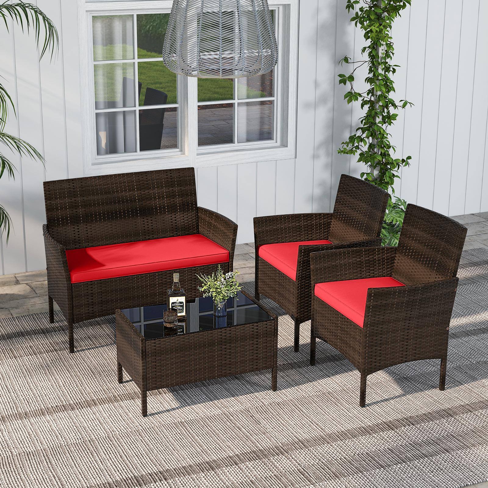 Alt View 1. Costway - Costway 4PCS Patio Rattan Furniture Set Cushioned Sofa Coffee Table Backyard Porch - Red.