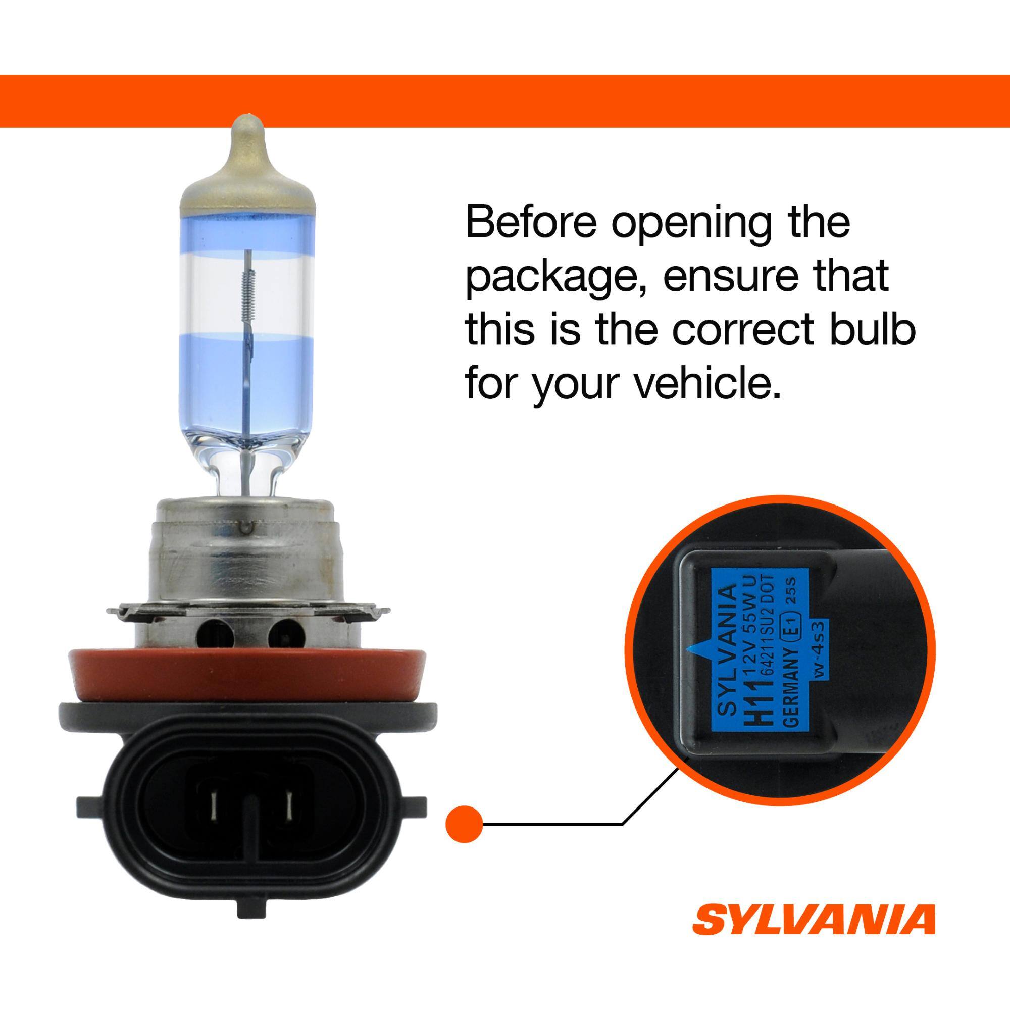 Before opening the package, ensure that this is the correct bulb for your vehicle.

U DOT 255 55W 9 E SYLVANIA 2V 64211SU2 w-4s3 H11 GERMANY SYLVANIA