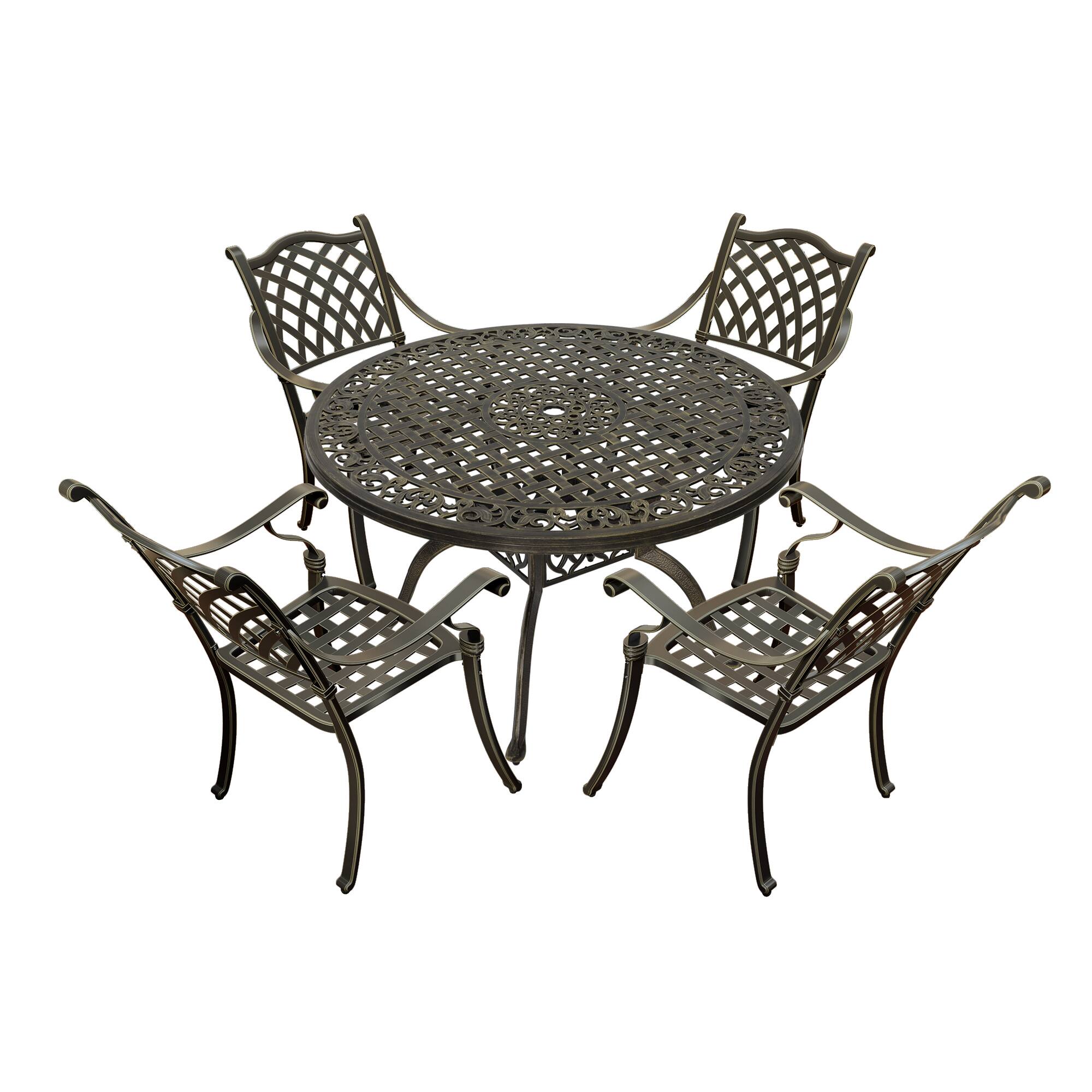 Back. Mondawe - 5-Piece Cast Aluminum Dining Set with Round Table and 4 Checkered Weave Chairs - Bronze.