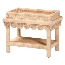 bali & pari - Weyman Scalloped Rattan End Table with Removable Tray Top - Handwoven Rattan Accent Table with Shelf, Side Table - Natural Brown
