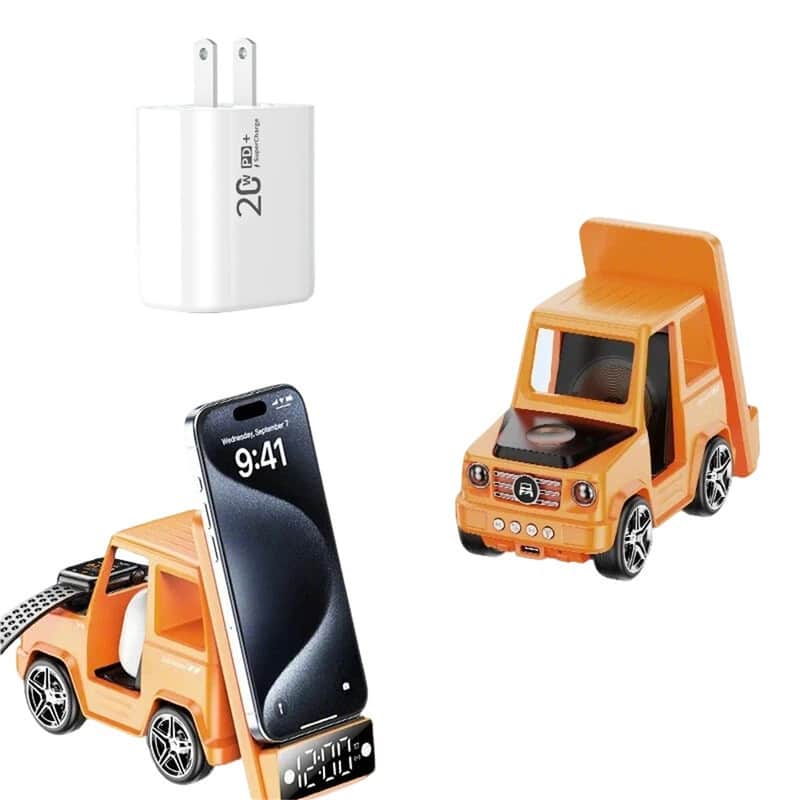 SKRAN - 3-in-1 Car-Shaped Alarm Clock Speaker Wireless Charger with Charging Port - Charging Stand for Phone,Earphones and Watch - Orange