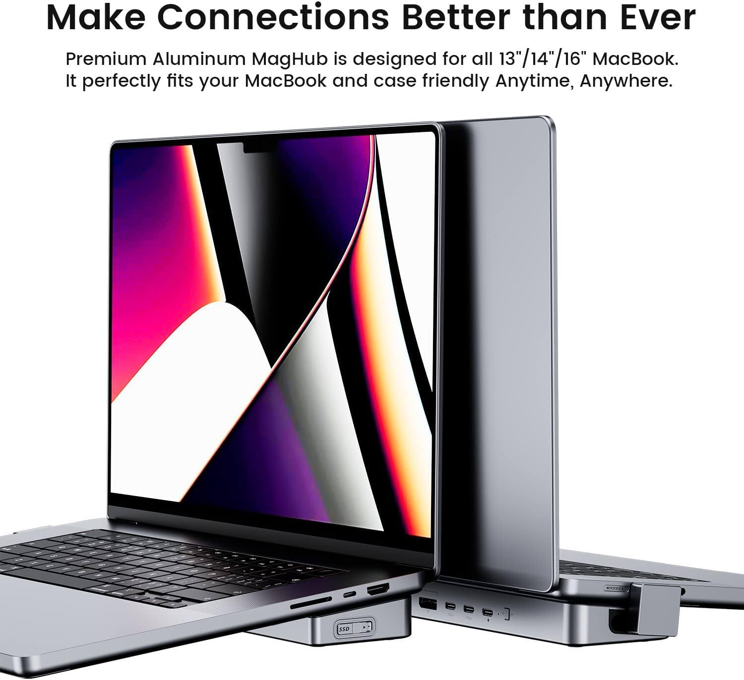 Make Connections Better than Ever

Premium Aluminum MagHub is designed for all 13"/14"/16" MacBook. It perfectly fits your MacBook and is case friendly Anytime, Anywhere.