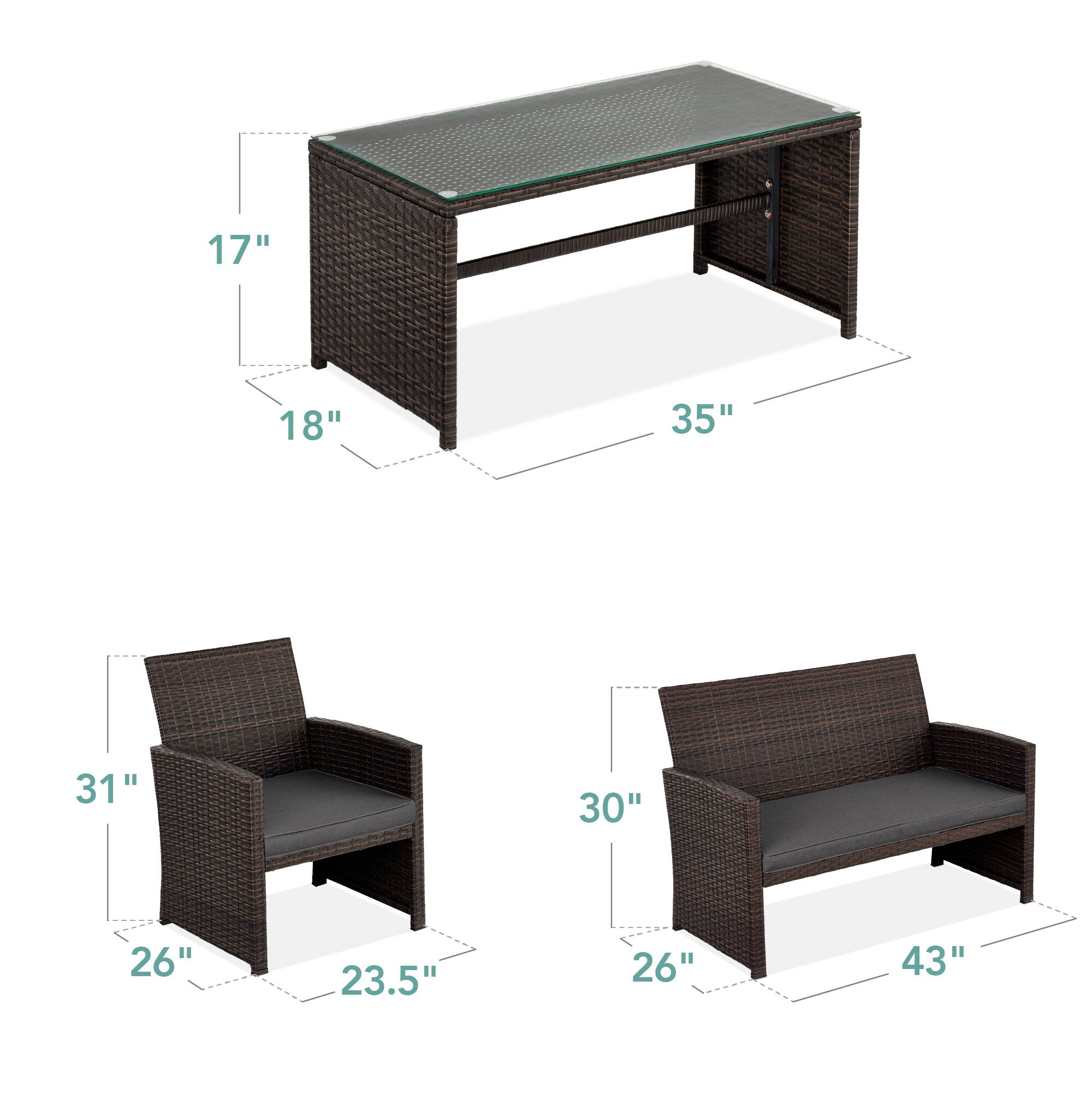 - Table: 17" x 18" x 35"
- Chair: 26" x 23.5" x 31"
- Sofa: 26" x 43" x 30"