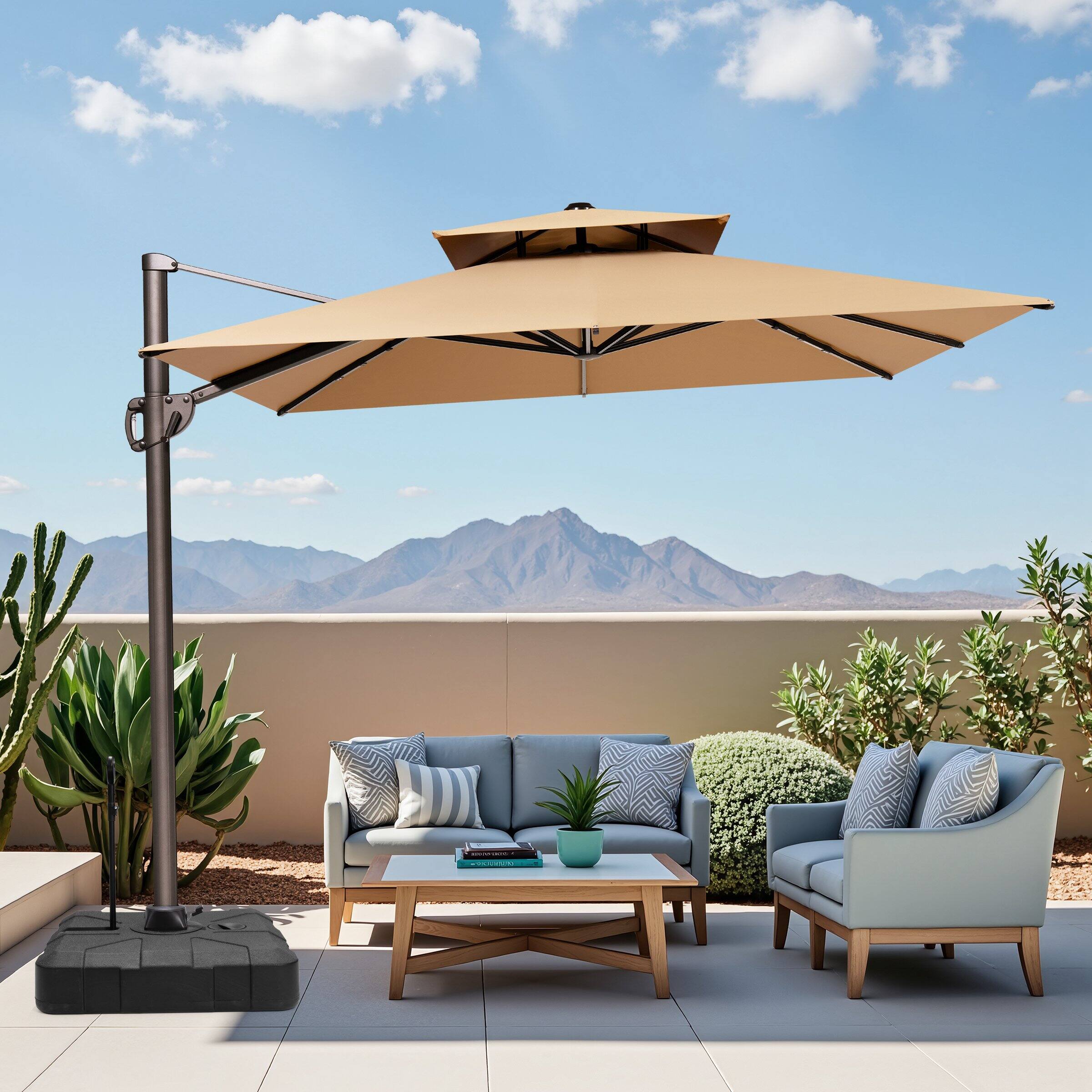 Back. Crestlive Products - Crestlive Products 11-ft Aluminum Tan Slide-tilt Cantilever Patio Umbrella with Base - Brown.