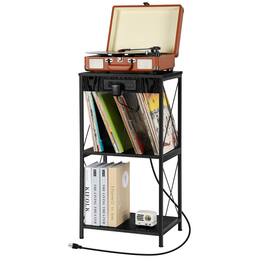 Oumilen - Vinyl Record Player Stand with Charging Station & Storage Shelves - Black