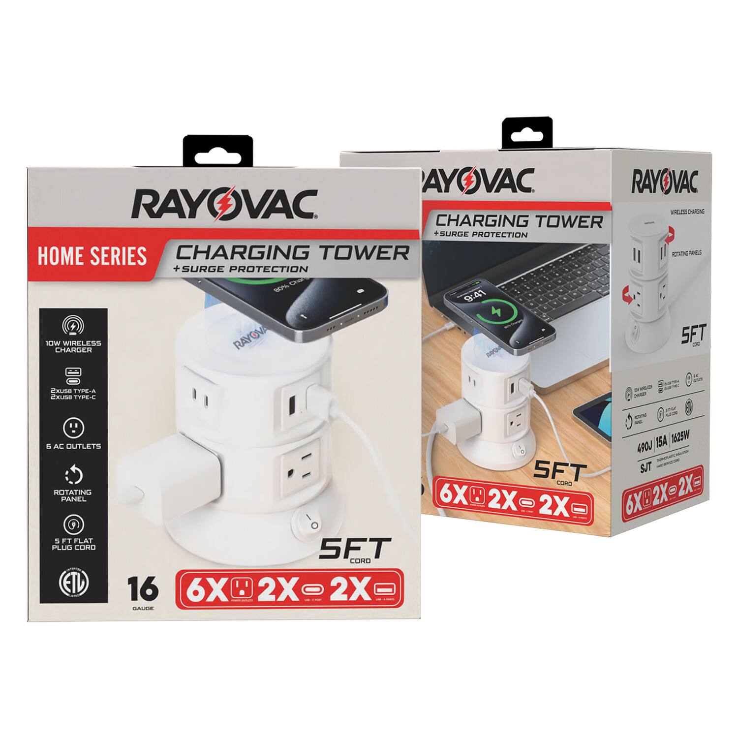 RAYOVAC  
HOME SERIES  
CHARGING TOWER + SURGE PROTECTION  

- 16 GAUGE  
- 6 AC OUTLETS  
- ROTATING PANEL  
- 5 FT FLAT PLUG CORD  
- 2X USB TYPE-A  
- 2X USB TYPE-C  
- 10W WIRELESS CHARGER  

5FT  
6X 2X 2X  
490J / 15A / 1625W  
ETL
