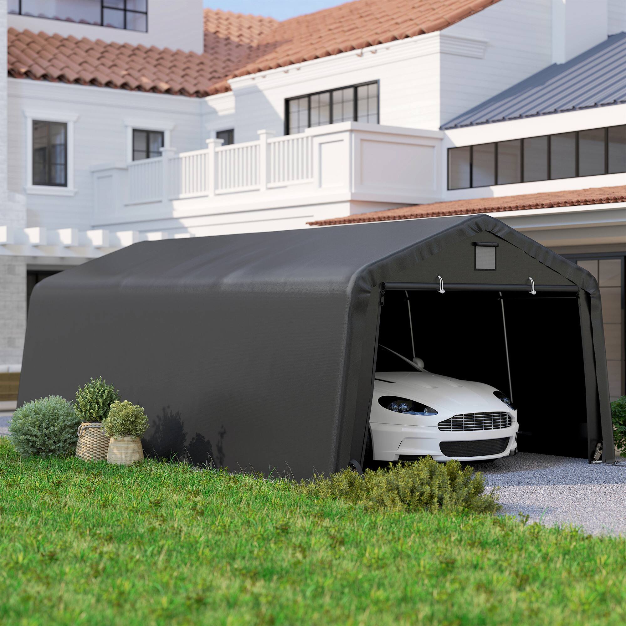 Alt View 1. Outsunny - 12' x 20' Portable Garage - Black.