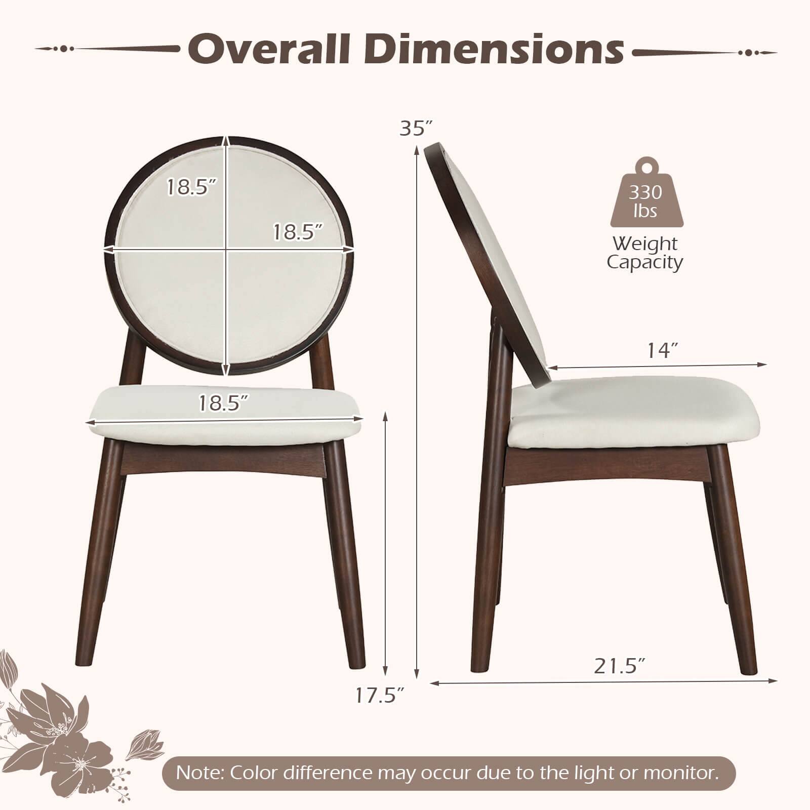 Overall Dimensions: 35" x 18.5" x 18.5"  
Weight Capacity: 330 lbs  
Dimensions: 14" x 18.5" x 17.5" x 21.5"  

Note: Color difference may occur due to the light or monitor.