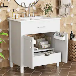 JUJABU - 30-Inch Bathroom Vanity with Ceramic Sink and Ample Storage - The Perfect Choice for Small Bathrooms - White