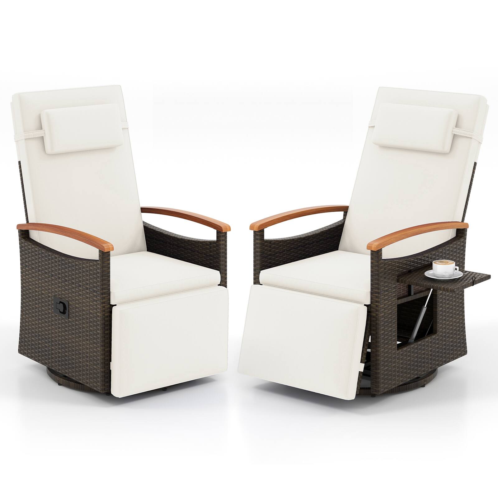 Front. Gymax - Gymax Set Of 2 Outdoor 360° Swivel Rattan Recliner Chair Patio Wicker Chaise Lounge Chair White - Mix Brown, Red.