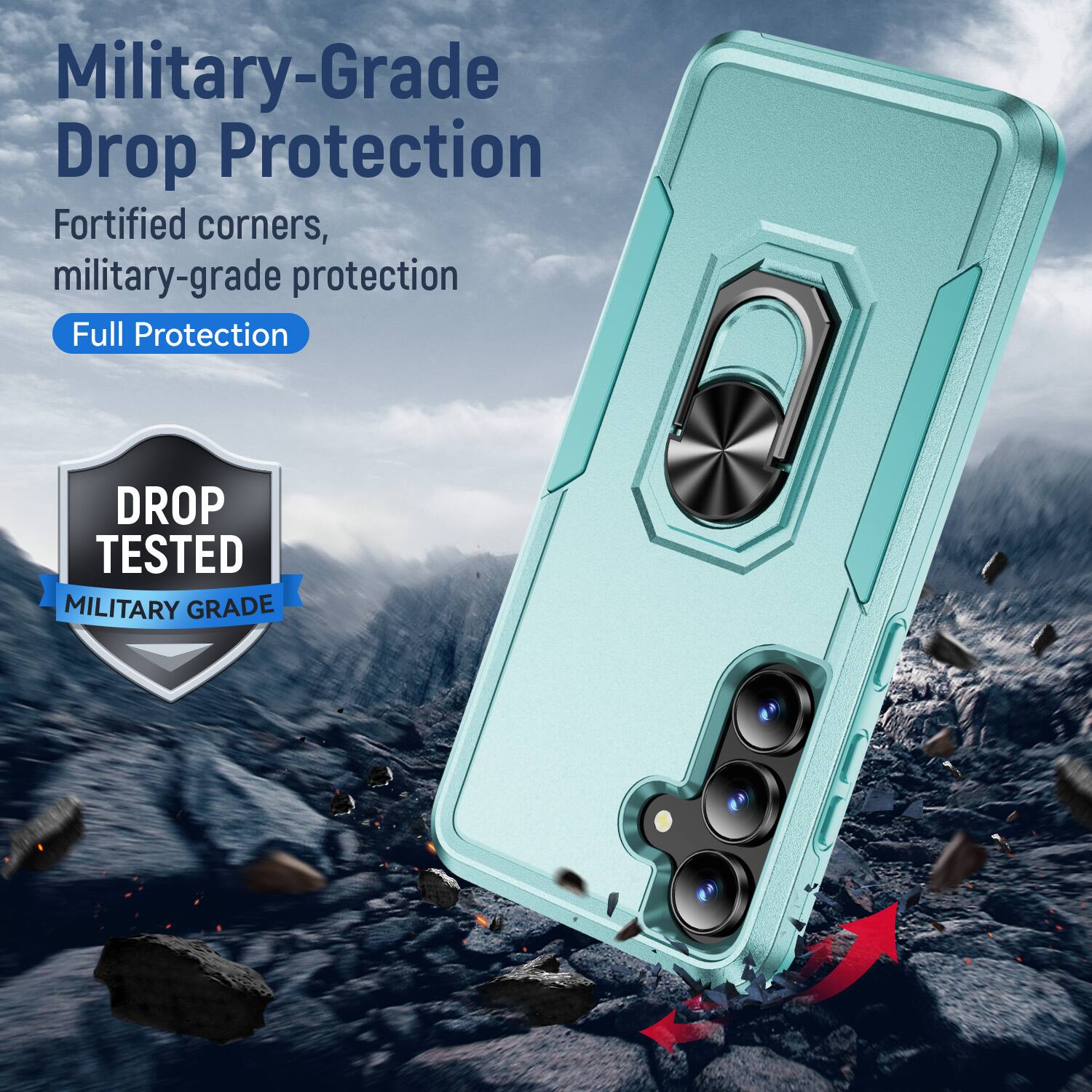 Military-Grade Drop Protection  
Fortified corners, military-grade protection  
Full Protection  

DROP TESTED  
MILITARY GRADE