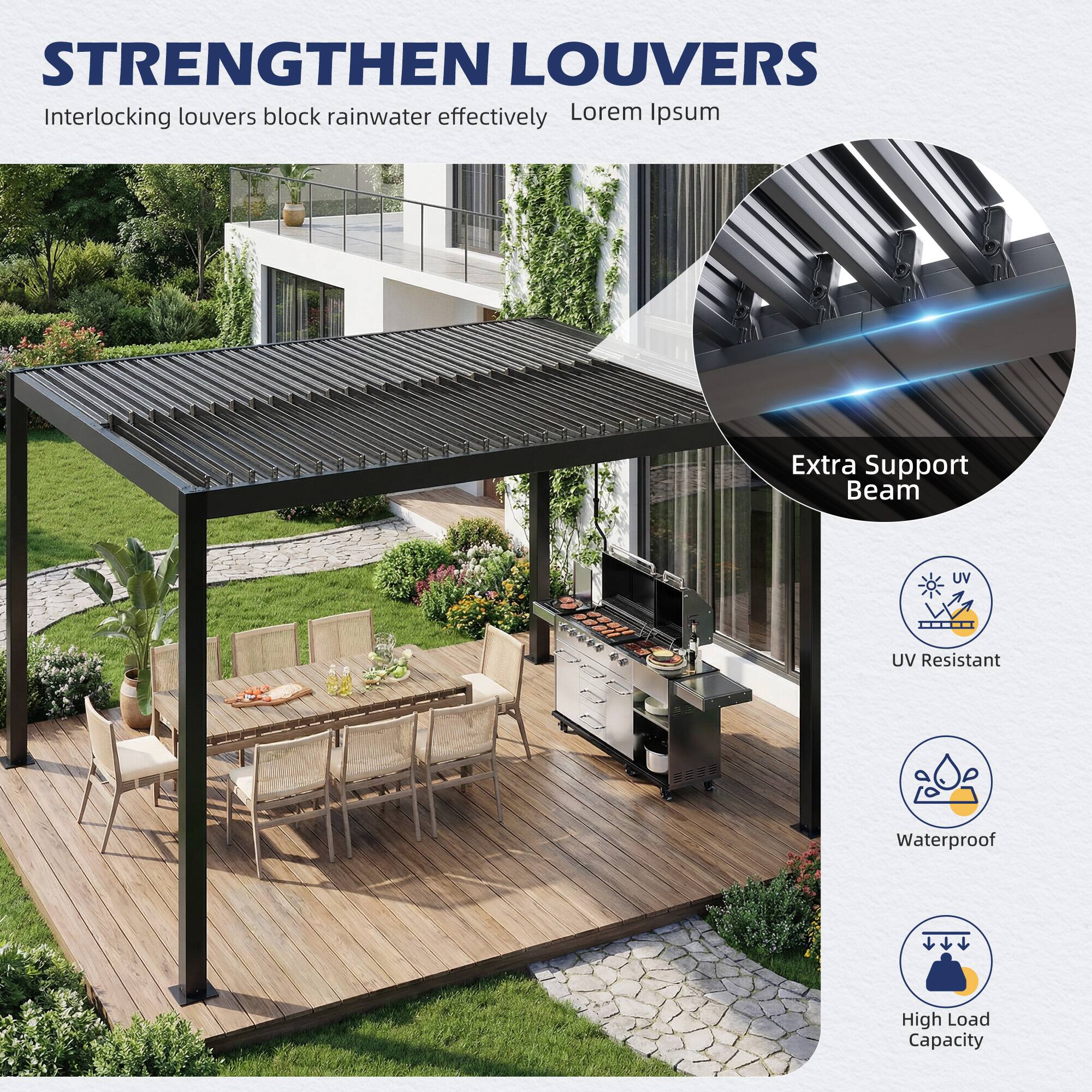 STRENGTHEN LOUVERS  
Interlocking louvers block rainwater effectively  
Lorem Ipsum  

- Extra Support Beam  
- UV Resistant  
- Waterproof  
- High Load Capacity