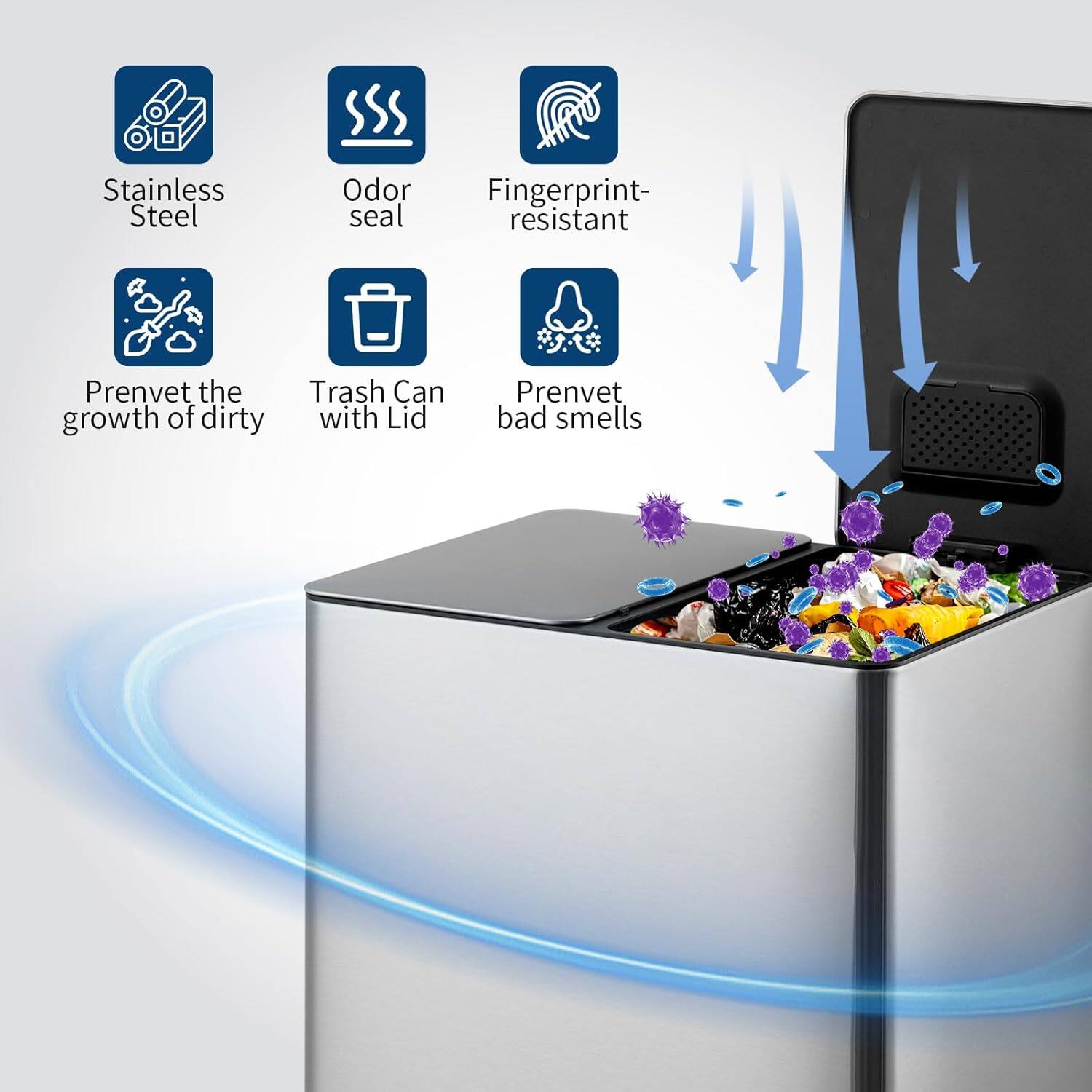 - Stainless Steel
- Odor seal
- Fingerprint-resistant
- Prevent the growth of dirty
- Trash Can with Lid
- Prevent bad smells