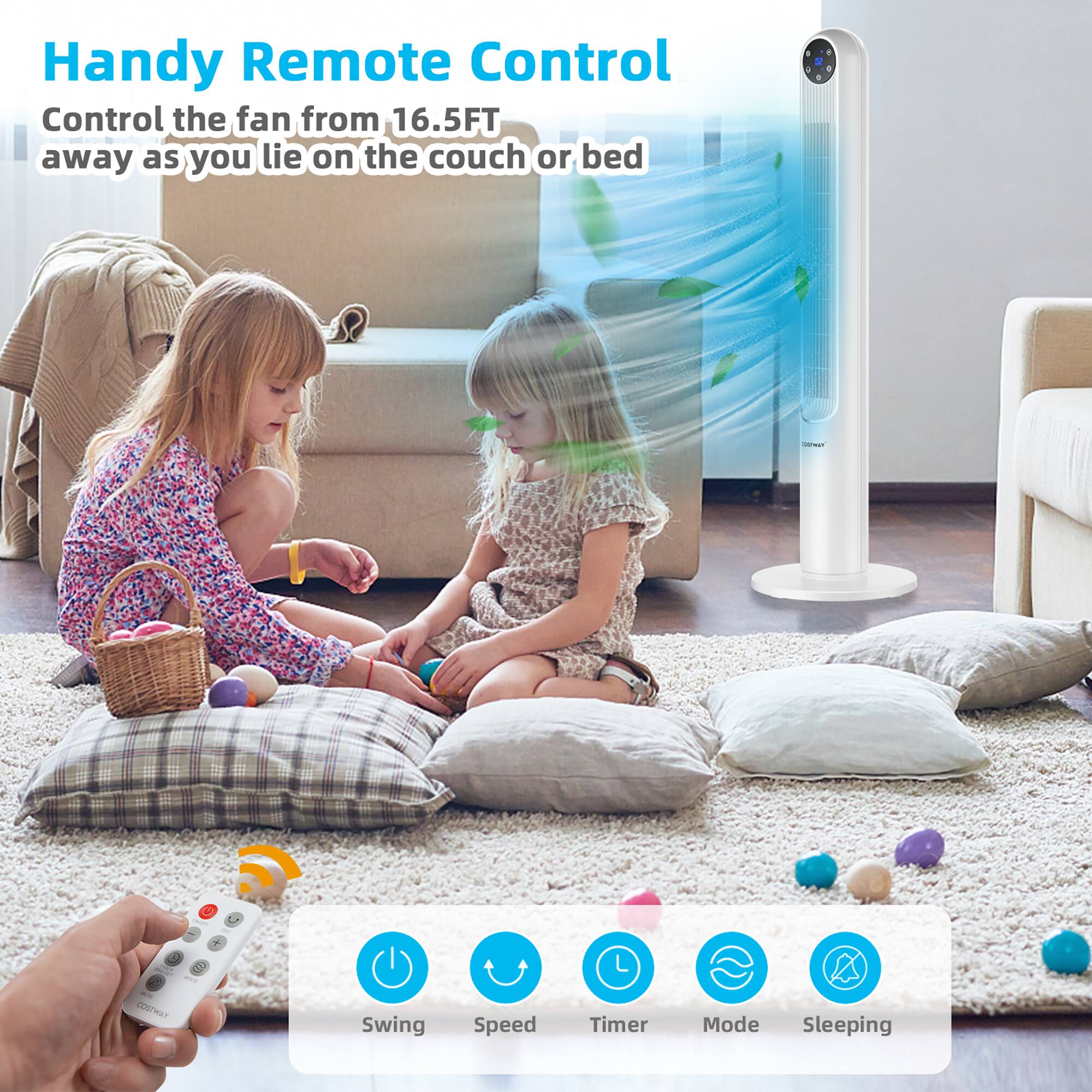 Handy Remote Control: Control the fan from 16.5FT away as you lie on the couch or bed. Features include swing speed, timer, and sleeping mode.